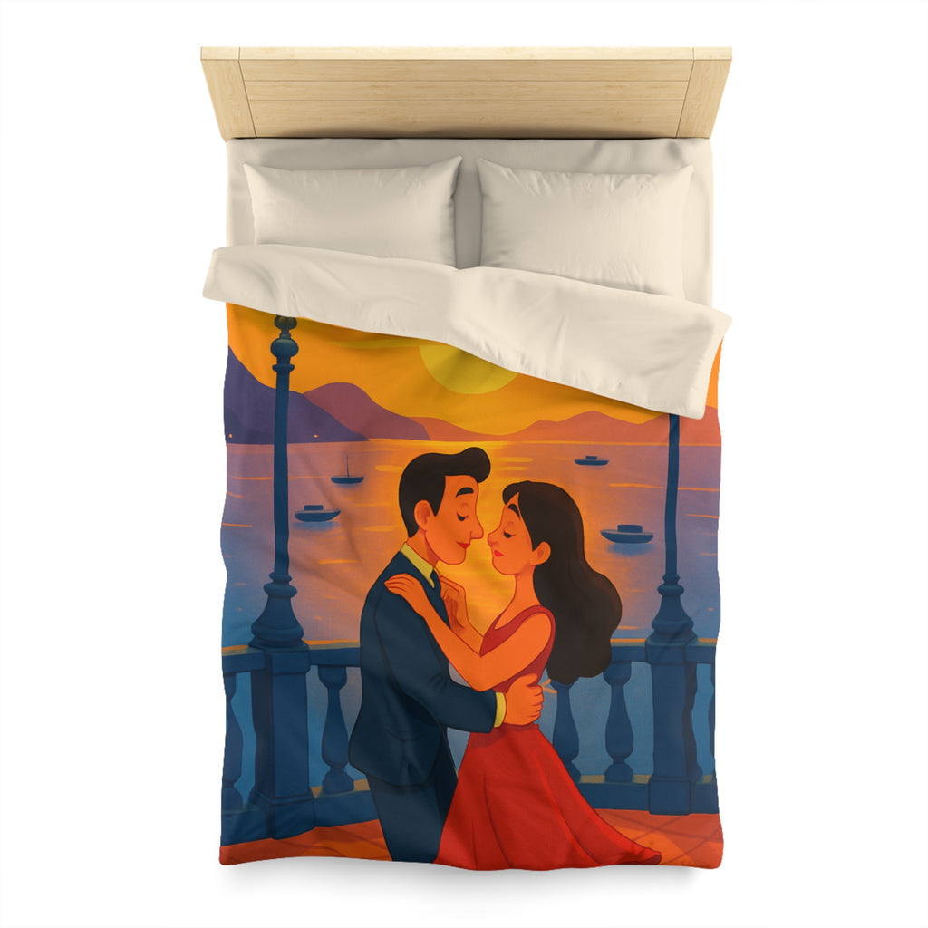 Housse de couette romantique coucher de soleil couple dansant au bord de mer