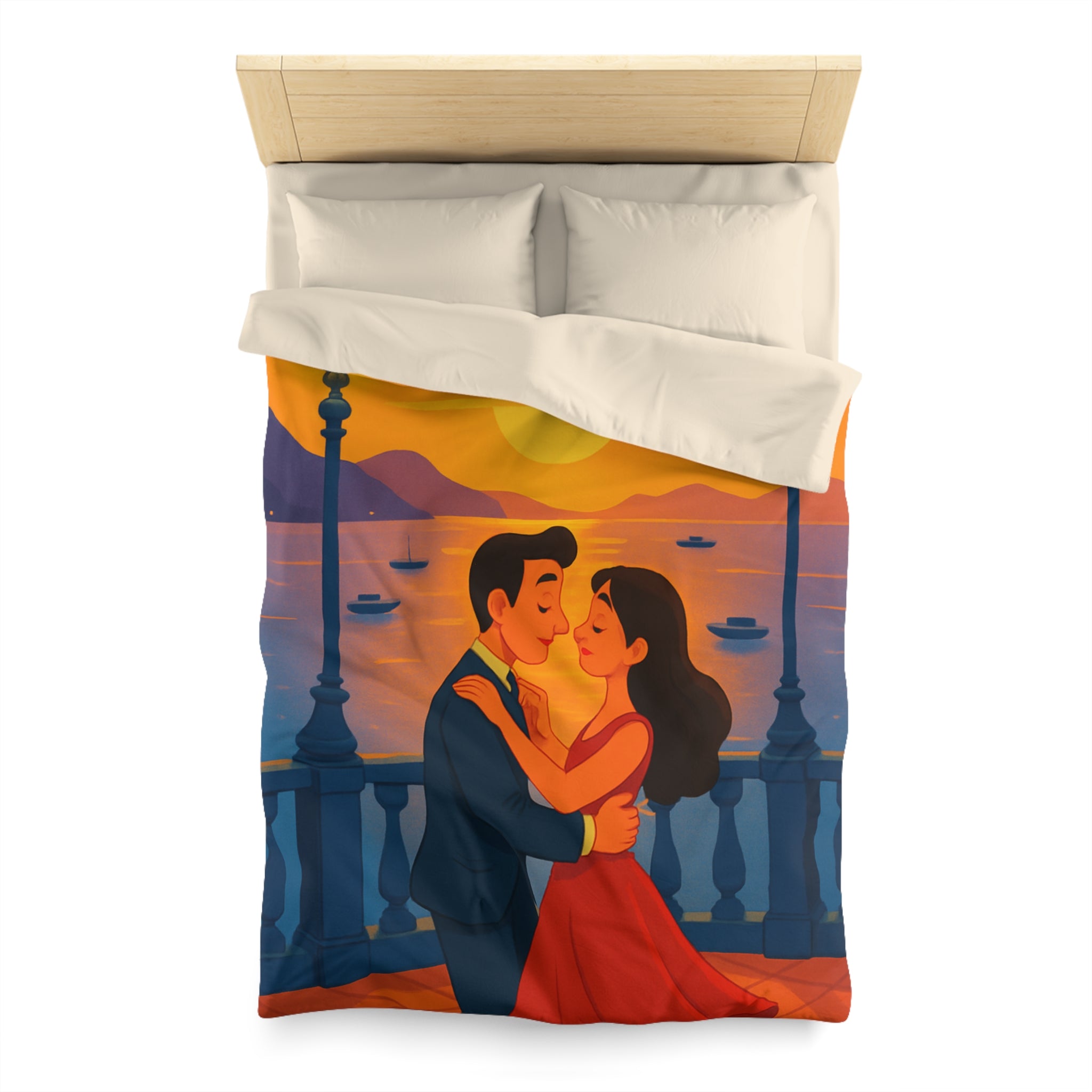 Housse de couette romantique coucher de soleil couple dansant au bord de mer