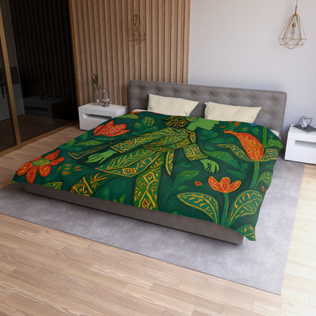 Housse de couette vibrante avec motif botanique et personnage en marche serein