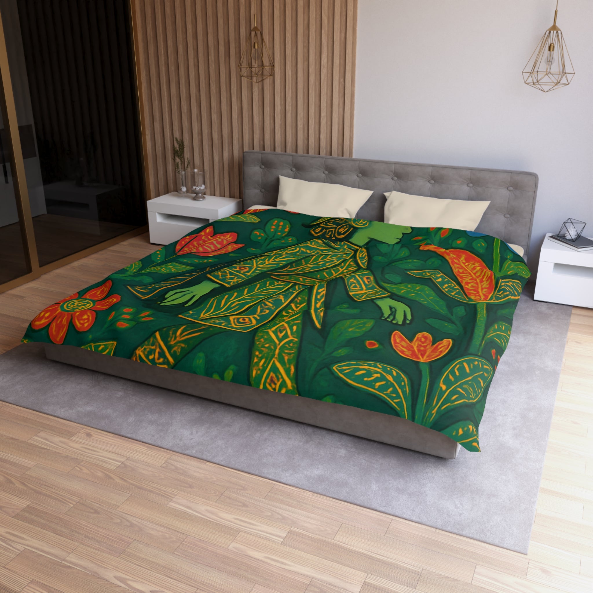 Housse de couette vibrante avec motif botanique et personnage en marche serein