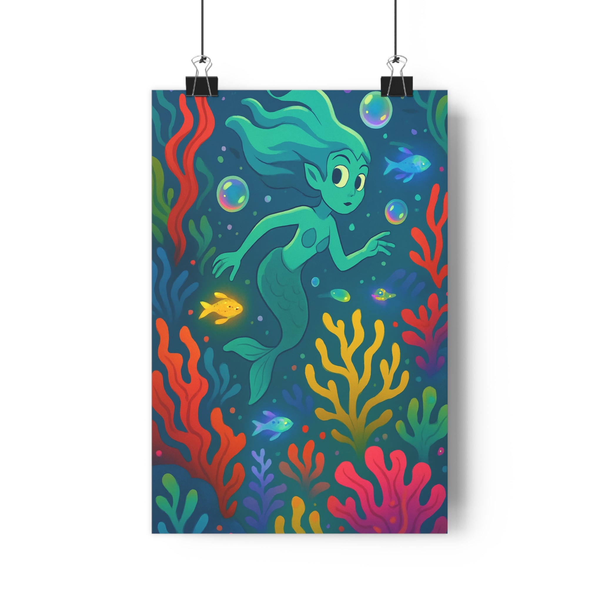 Poster décoratif cartoon sirène bleu rouge jaune enfant chambre créatif magique vibrant 30x46 cm