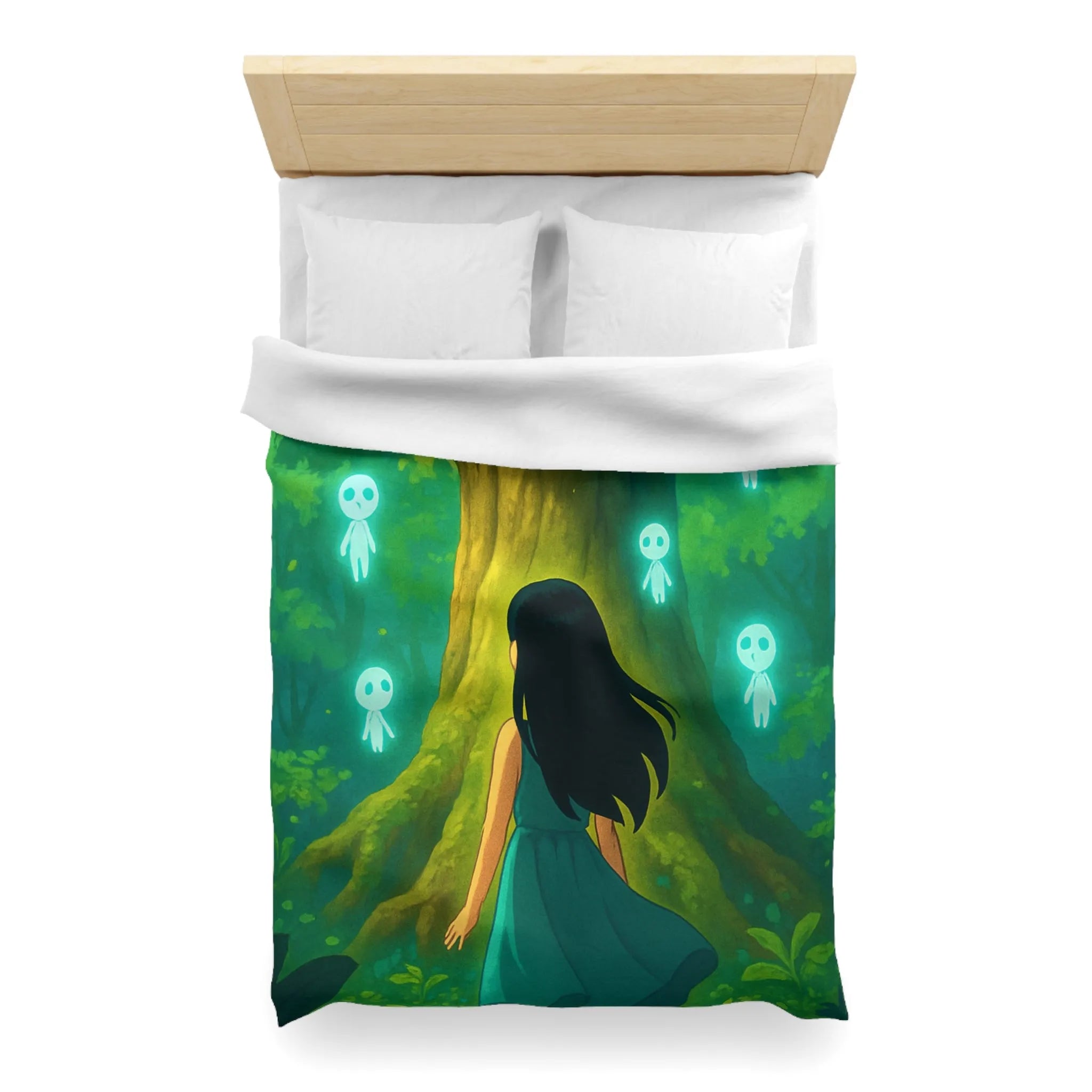 Housse de couette forêt mystique avec fille et esprits lumineux style onirique enchanteur