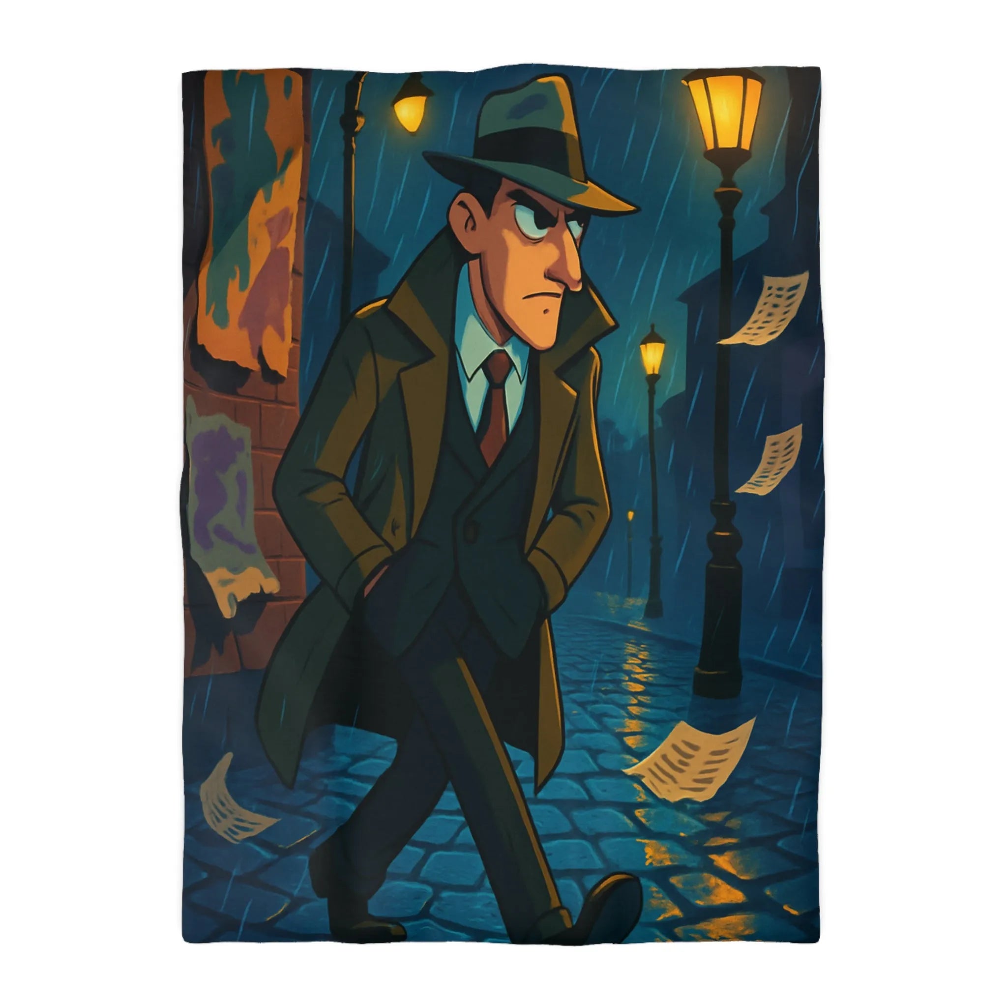 Housse de couette élégante avec détective mystérieux sous la pluie pour ambiance rétro