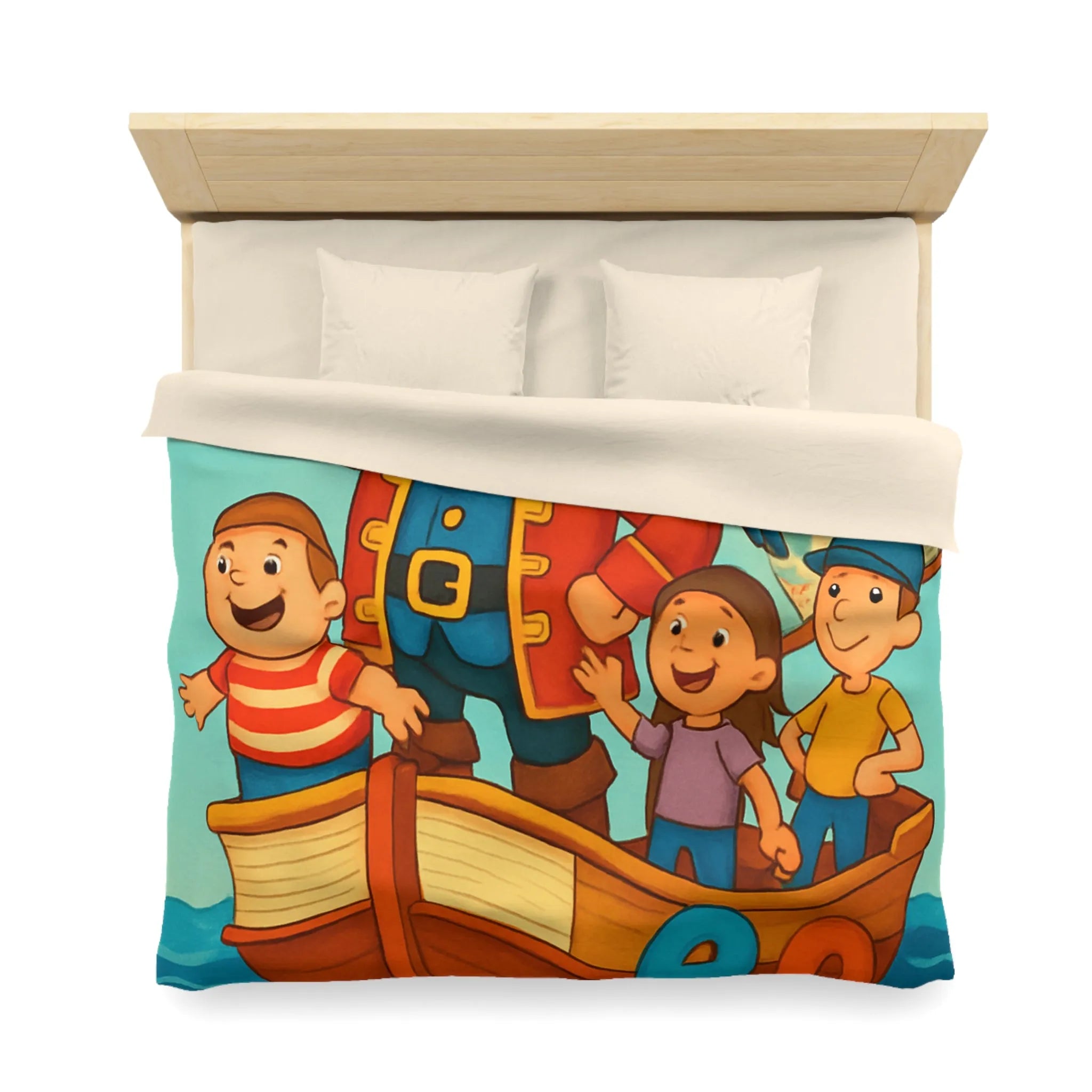 Housse de couette enfant pirate avec voyelles, perroquet et mer colorée