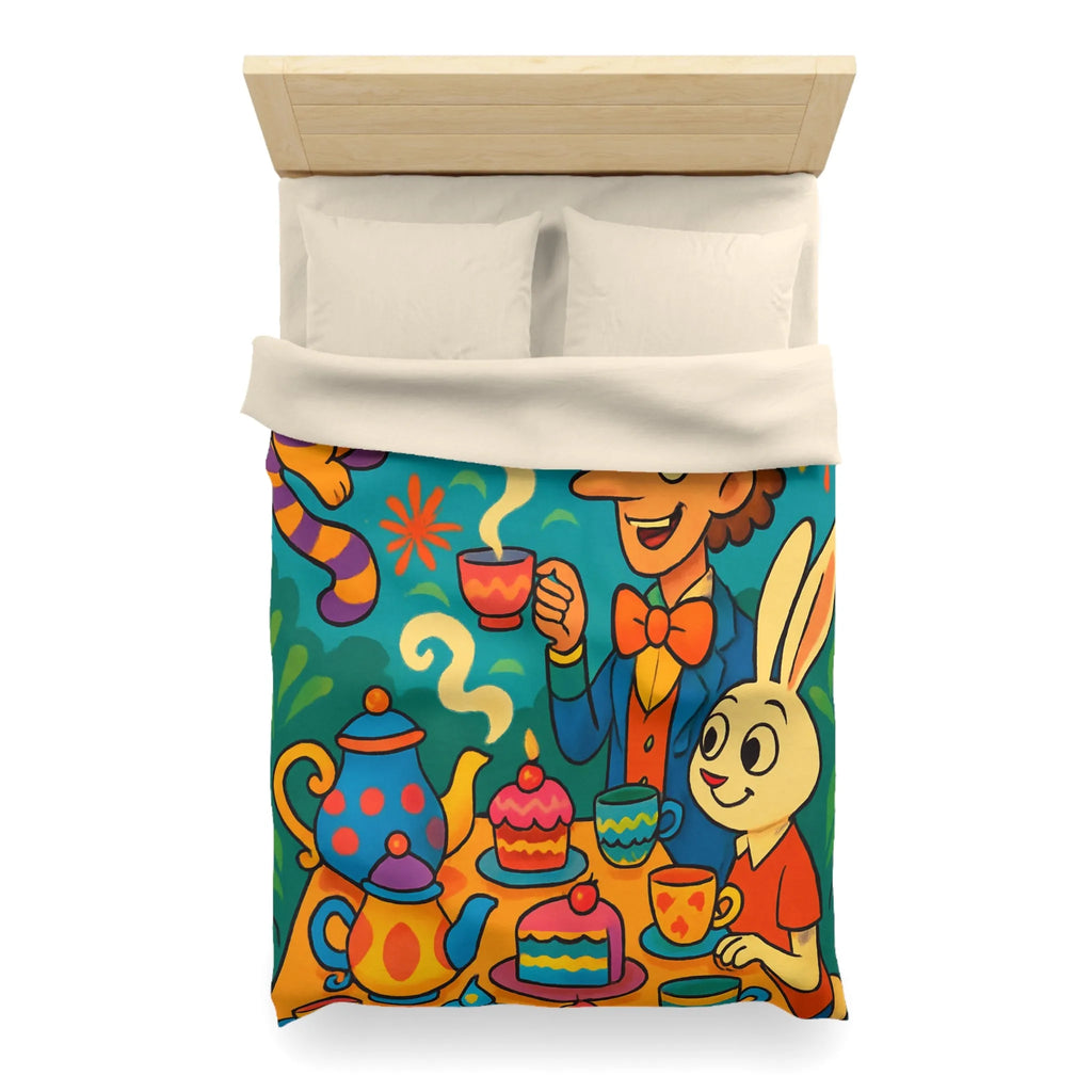 Housse de couette colorée avec scène de thé joyeuse inspirée d'un conte fantaisiste