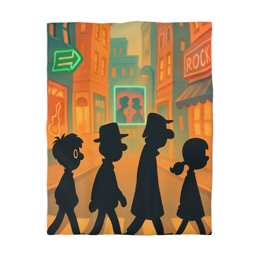 Housse de couette illustrée avec silhouettes sur passage piéton en ville animée colorée