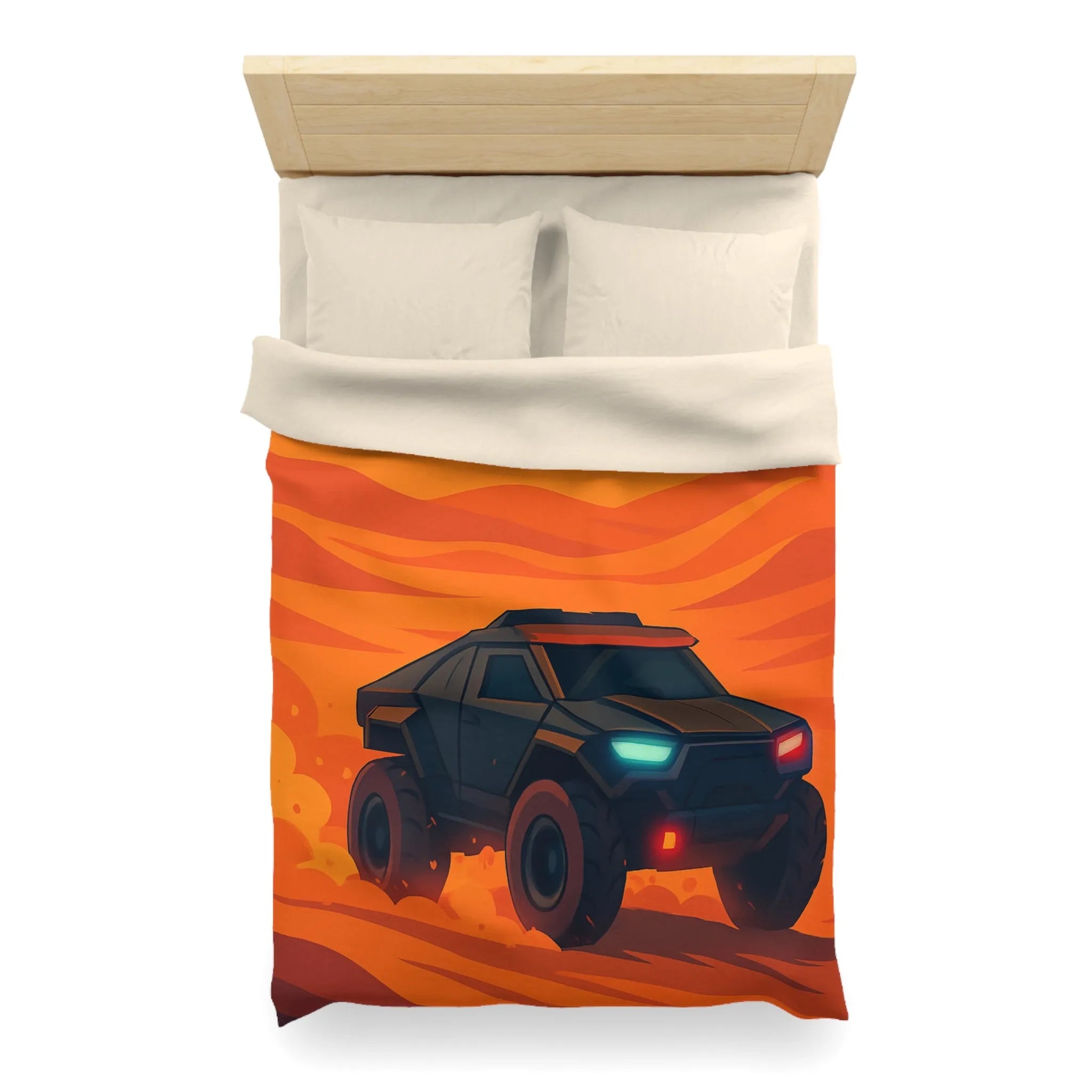 Housse de couette avec design de voiture tout-terrain dans désert orange au coucher du soleil