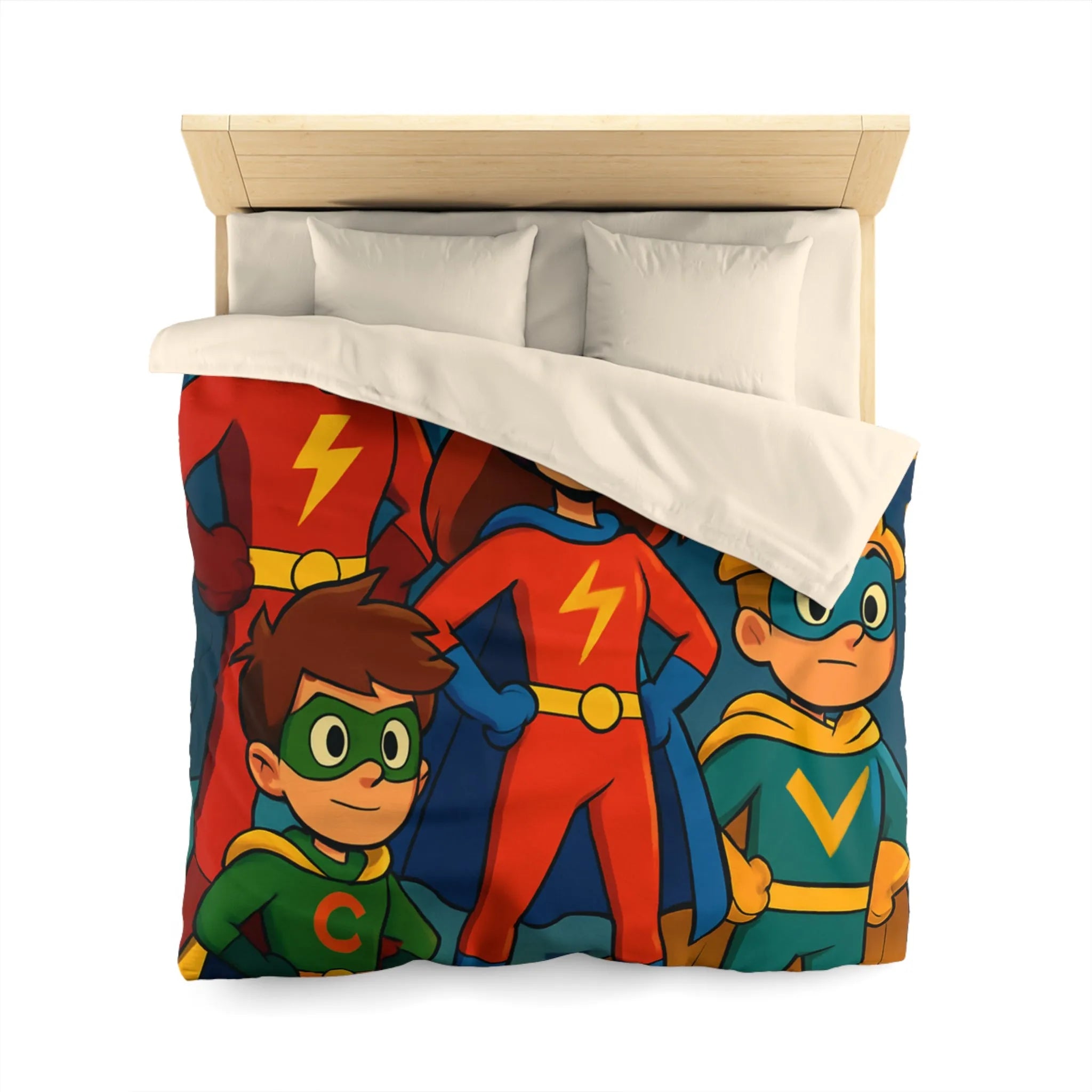 Housse de couette colorée super-héros pour enfants avec scène urbaine lumineuse et joyeuse