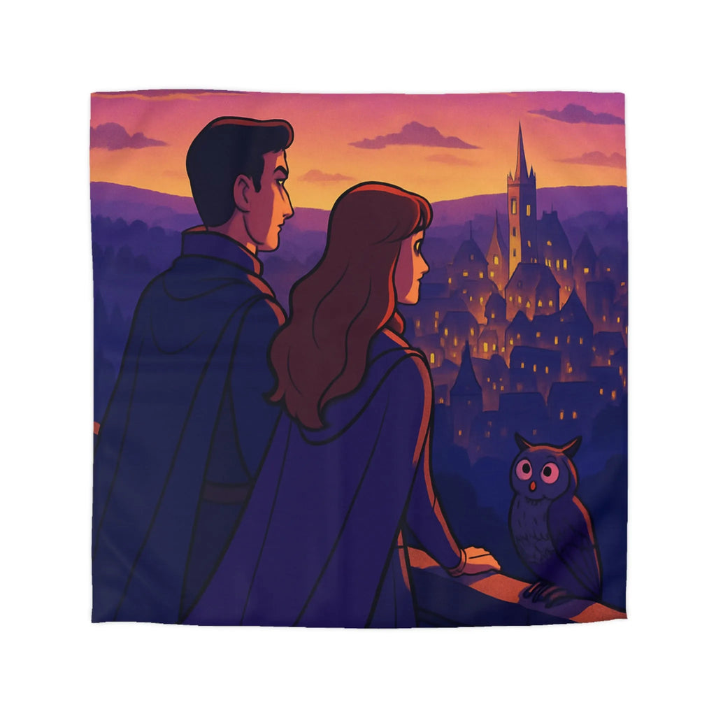 Housse de couette magique au crépuscule avec paysage envoûtant et personnages mystérieux