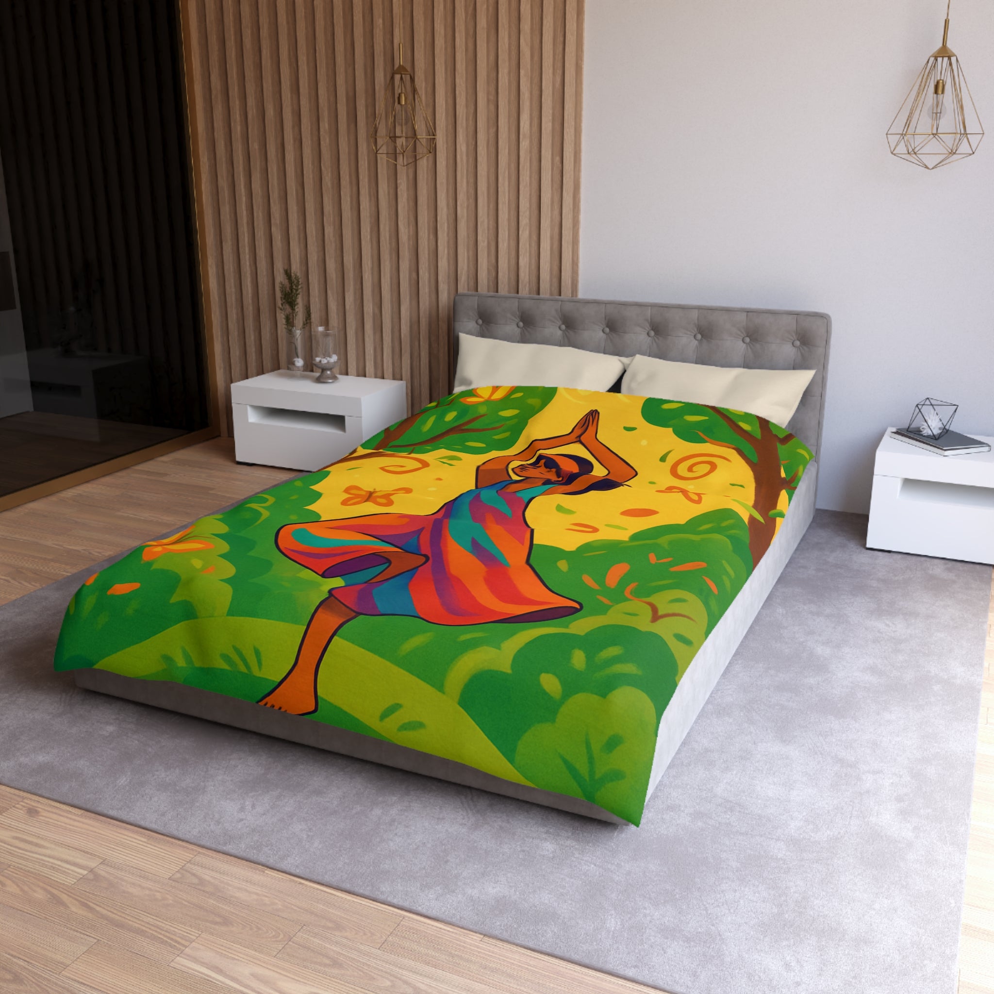 Housse de couette avec illustration apaisante d'une jeune femme méditant en nature