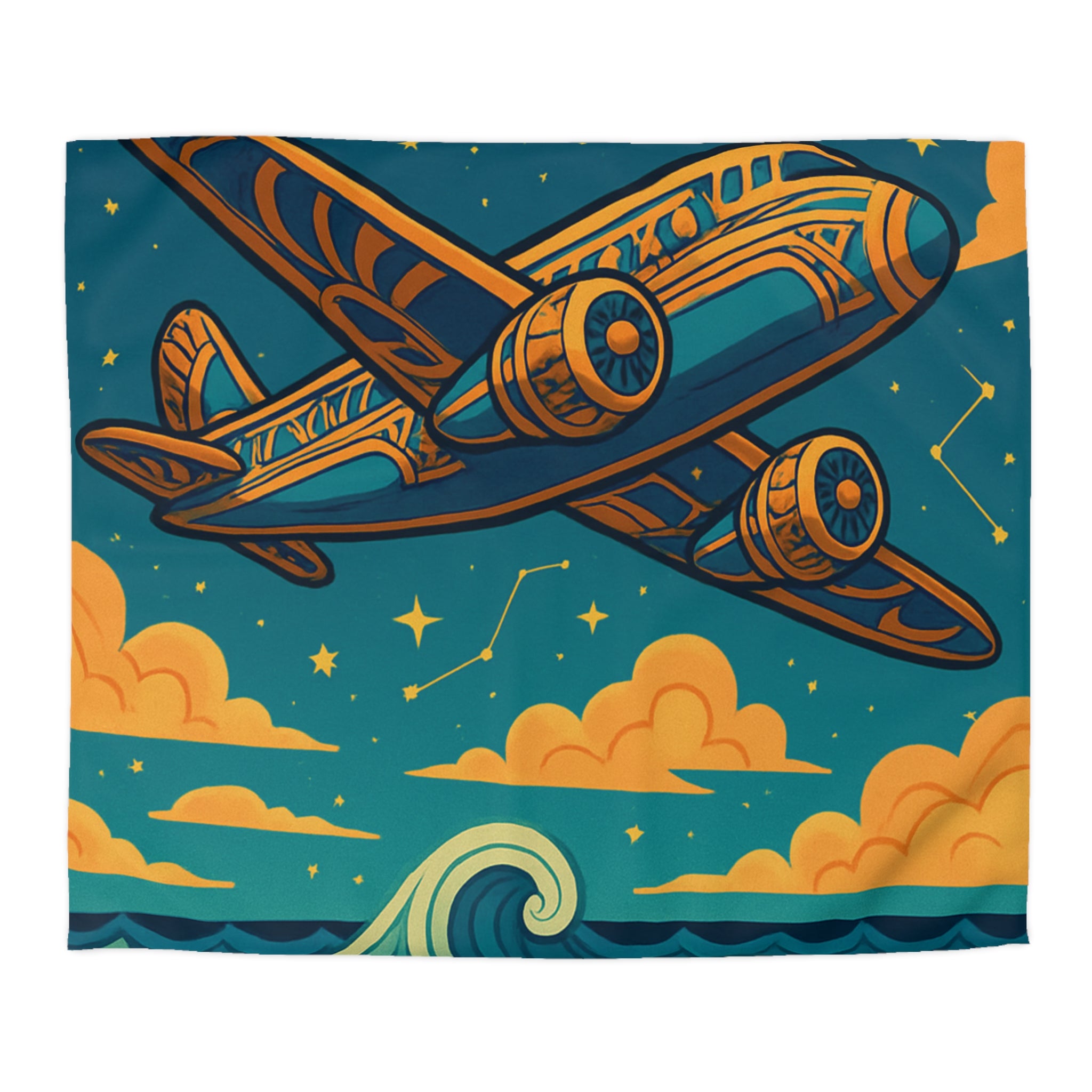 Housse de couette vintage avion voyageur sur ciel étoilé et mer tourmentée