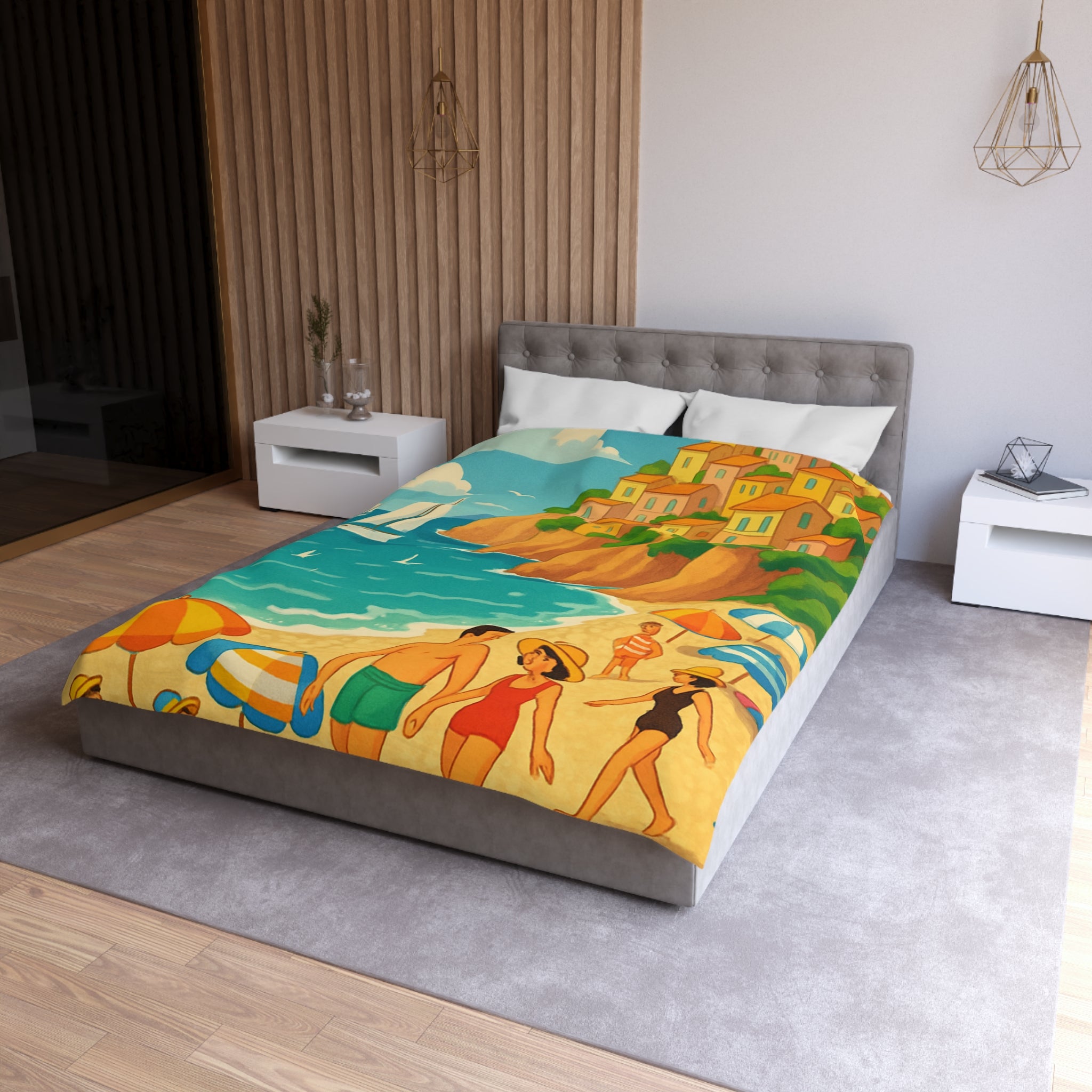 Housse de couette plage méditerranéenne avec paysages colorés et vacanciers ensoleillés