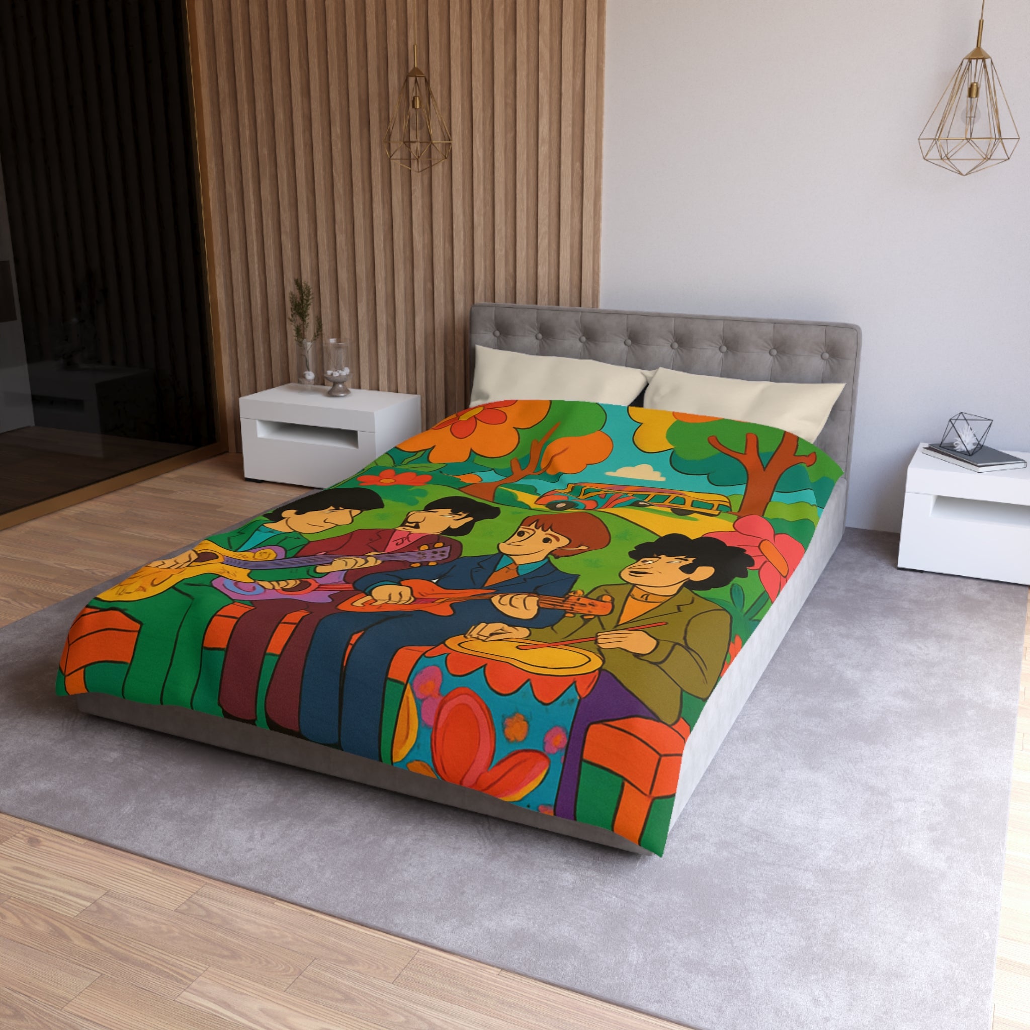 Housse de couette rétro colorée inspirée d'un groupe de musiciens animés en plein air