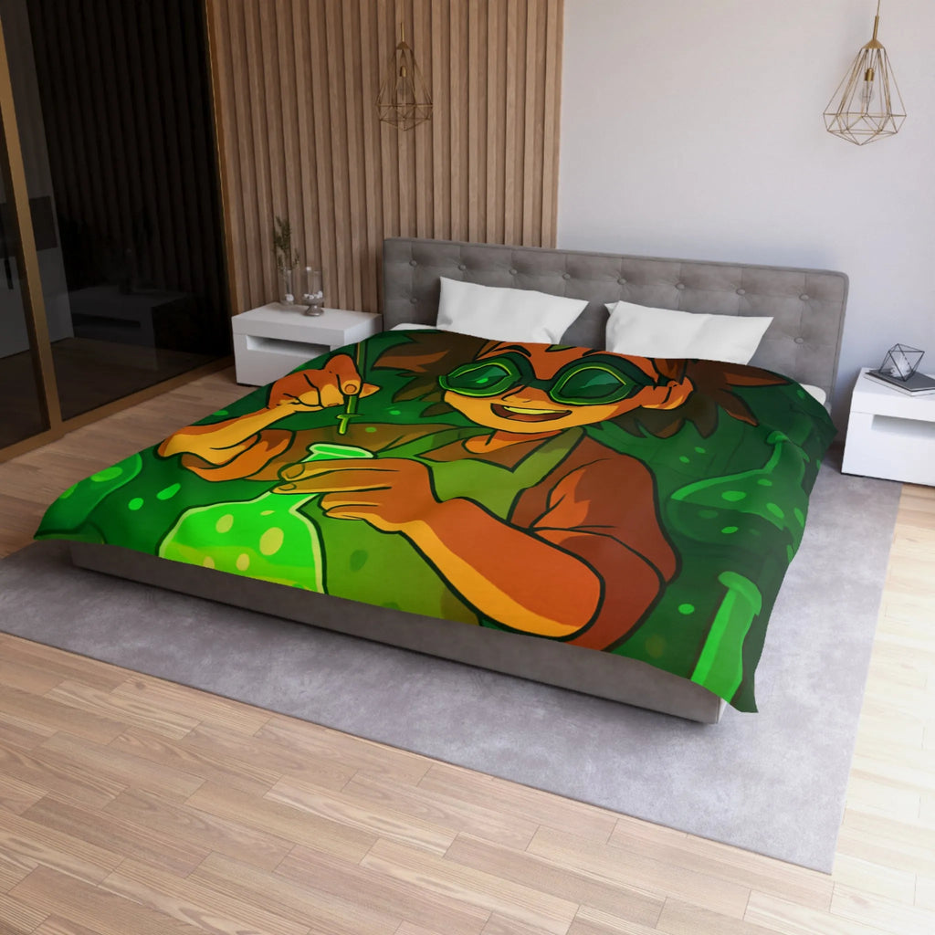 Housse de couette colorée avec un jeune chimiste dans un laboratoire mystérieux et magique