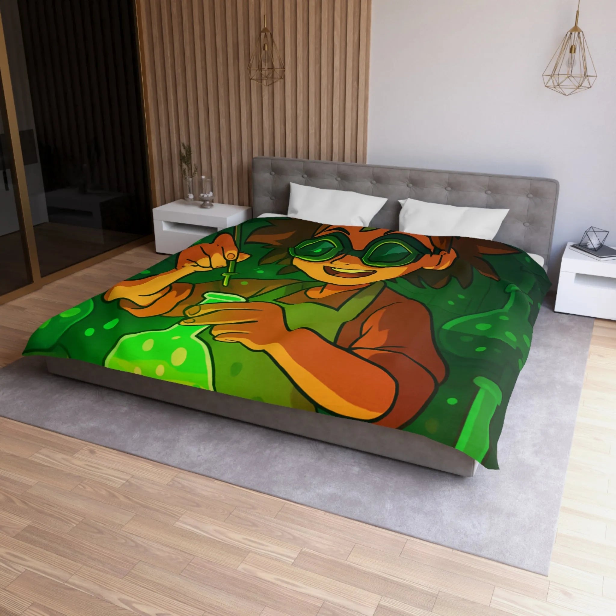 Housse de couette colorée avec un jeune chimiste dans un laboratoire mystérieux et magique