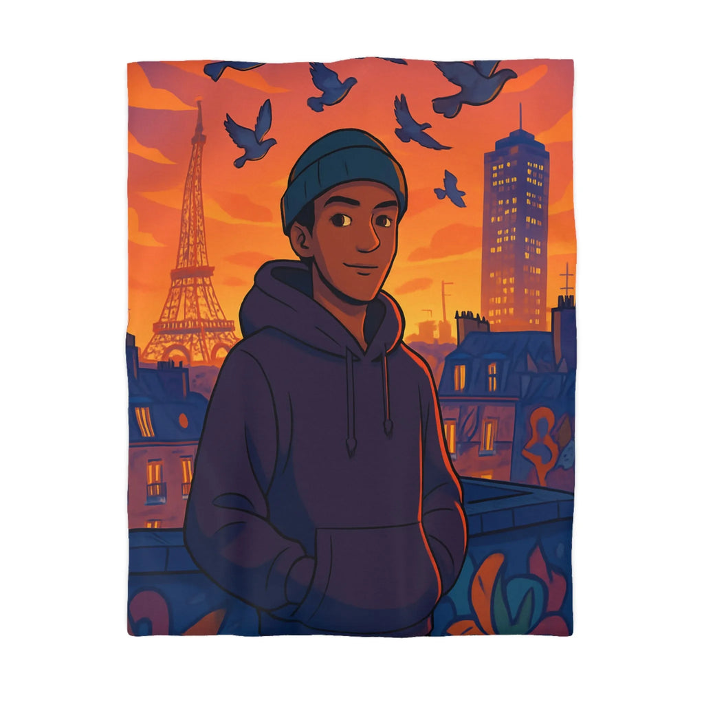 Housse de couette colorée avec ville, tour emblématique et vol de pigeons au crépuscule