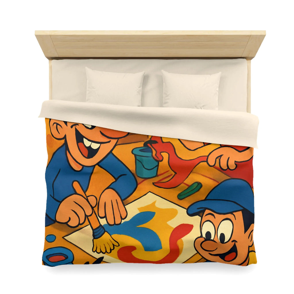 Housse de couette coloriée ludique avec enfants joyeux peignant et créant ensemble dans atelier