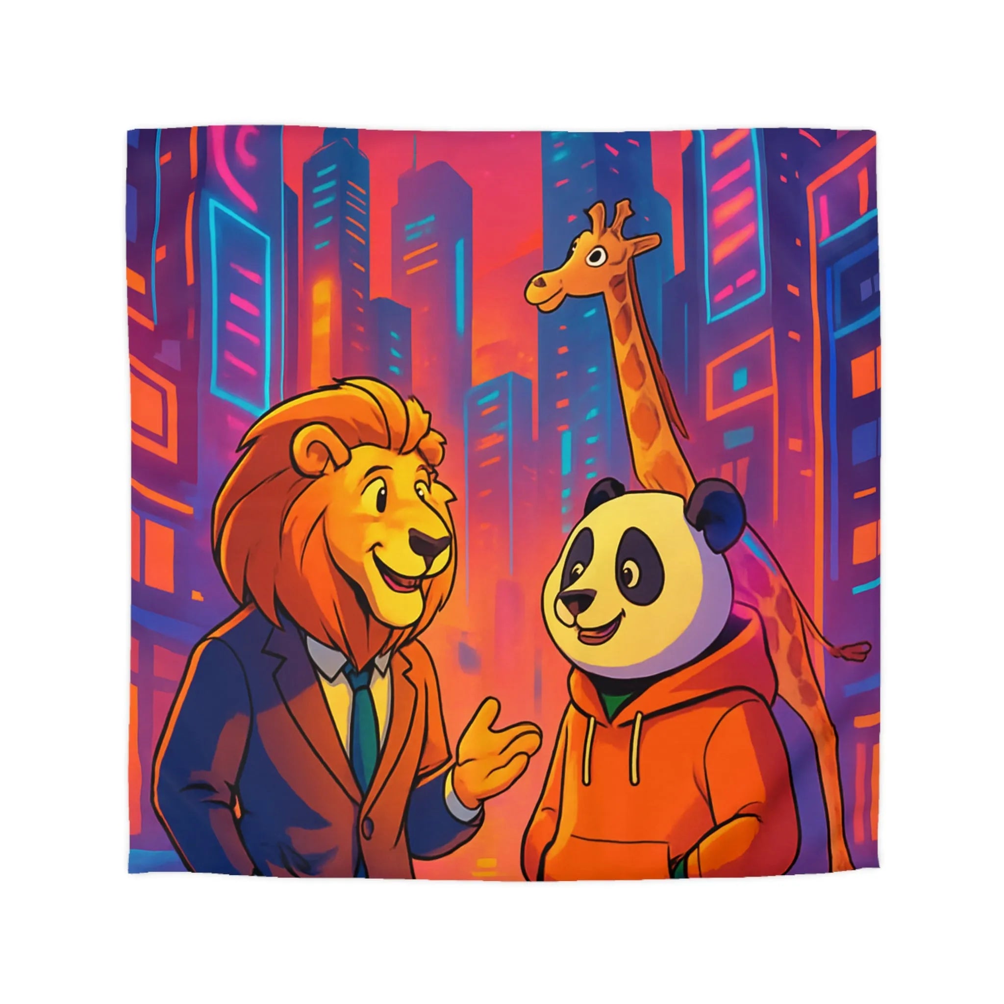 Housse de couette colorée avec lion et panda en costume urbain de ville futuriste