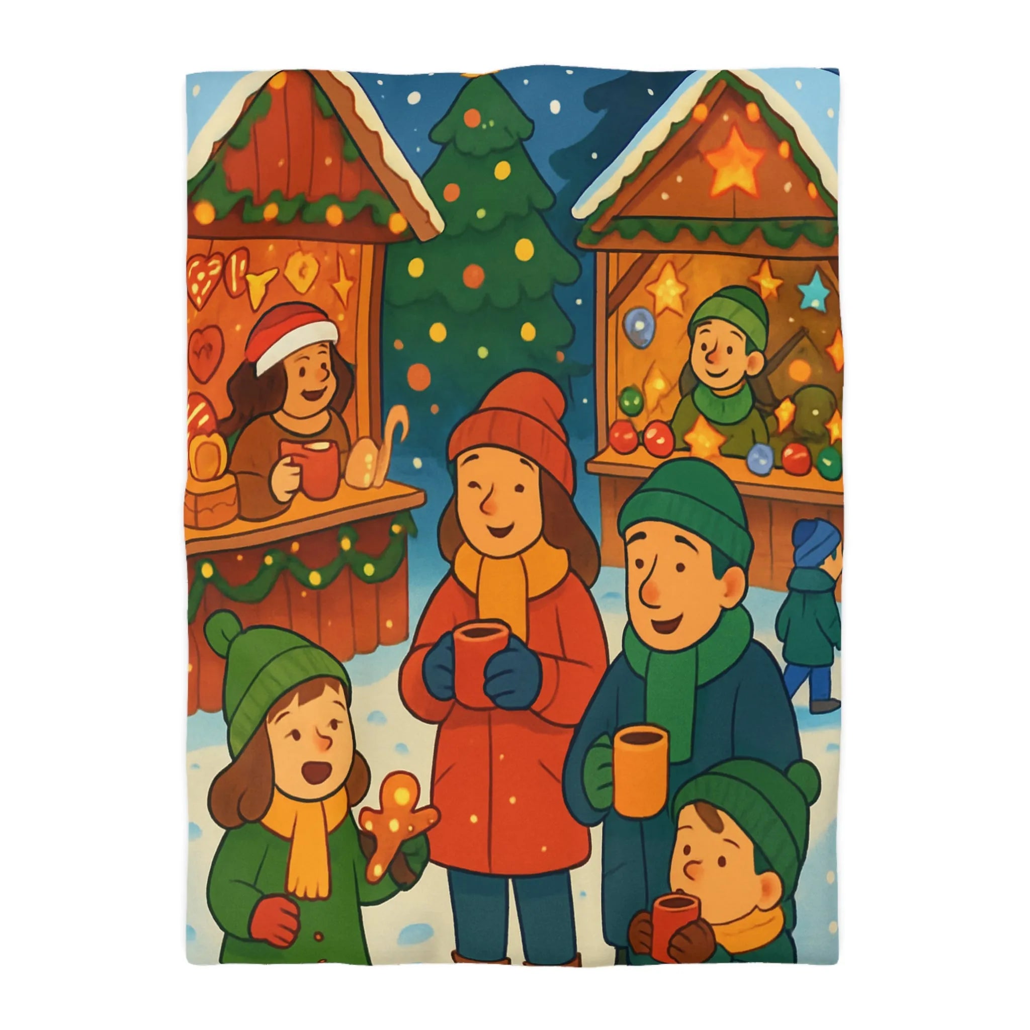 Housse de couette chaleureuse illustrant une scène festive de marché de Noël joyeux