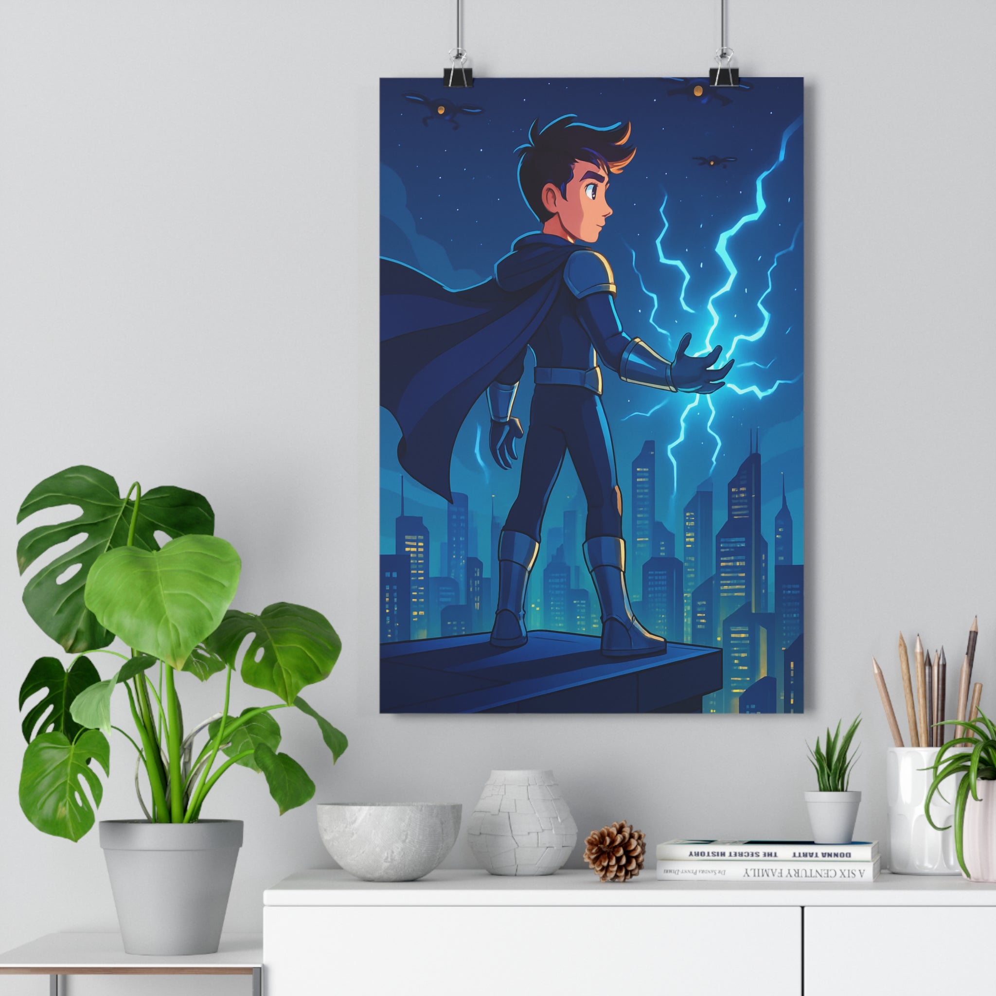 Poster décoratif superhéros moderne bleu noir urbain énergique chambre bureau enfant futuriste ambiance nocturne