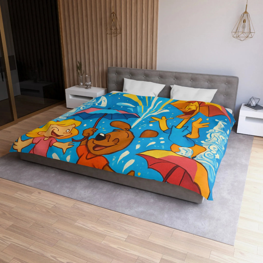 Housse de couette joyeuse avec animaux et enfants sous feux d'artifice colorés