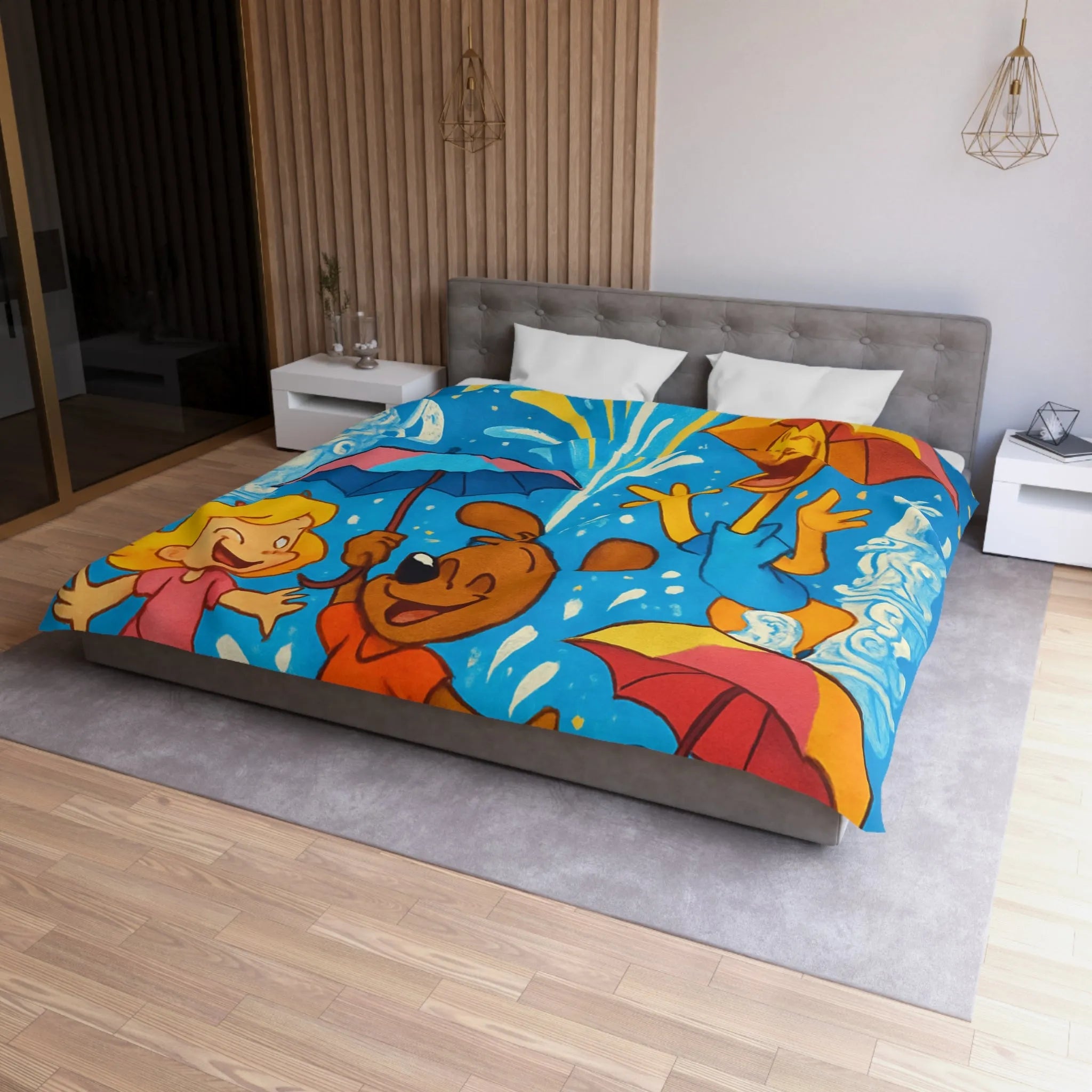 Housse de couette joyeuse avec animaux et enfants sous feux d'artifice colorés