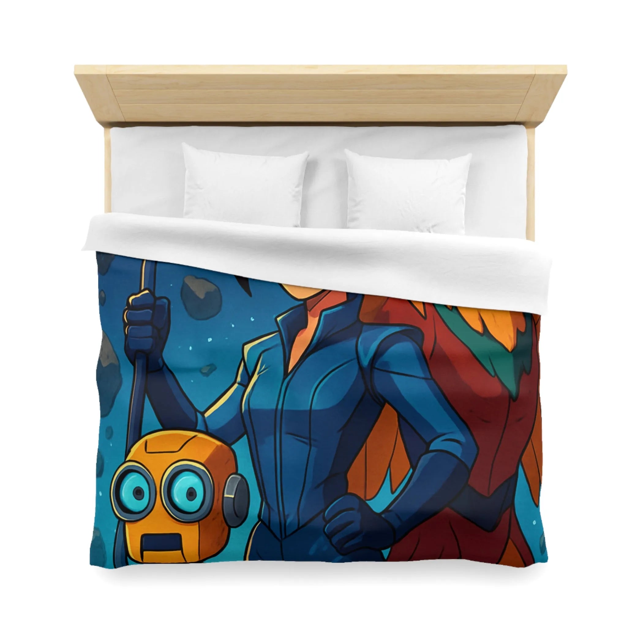 Housse de couette colorée avec exploratrice, robot et oiseau dans l'espace étoilé