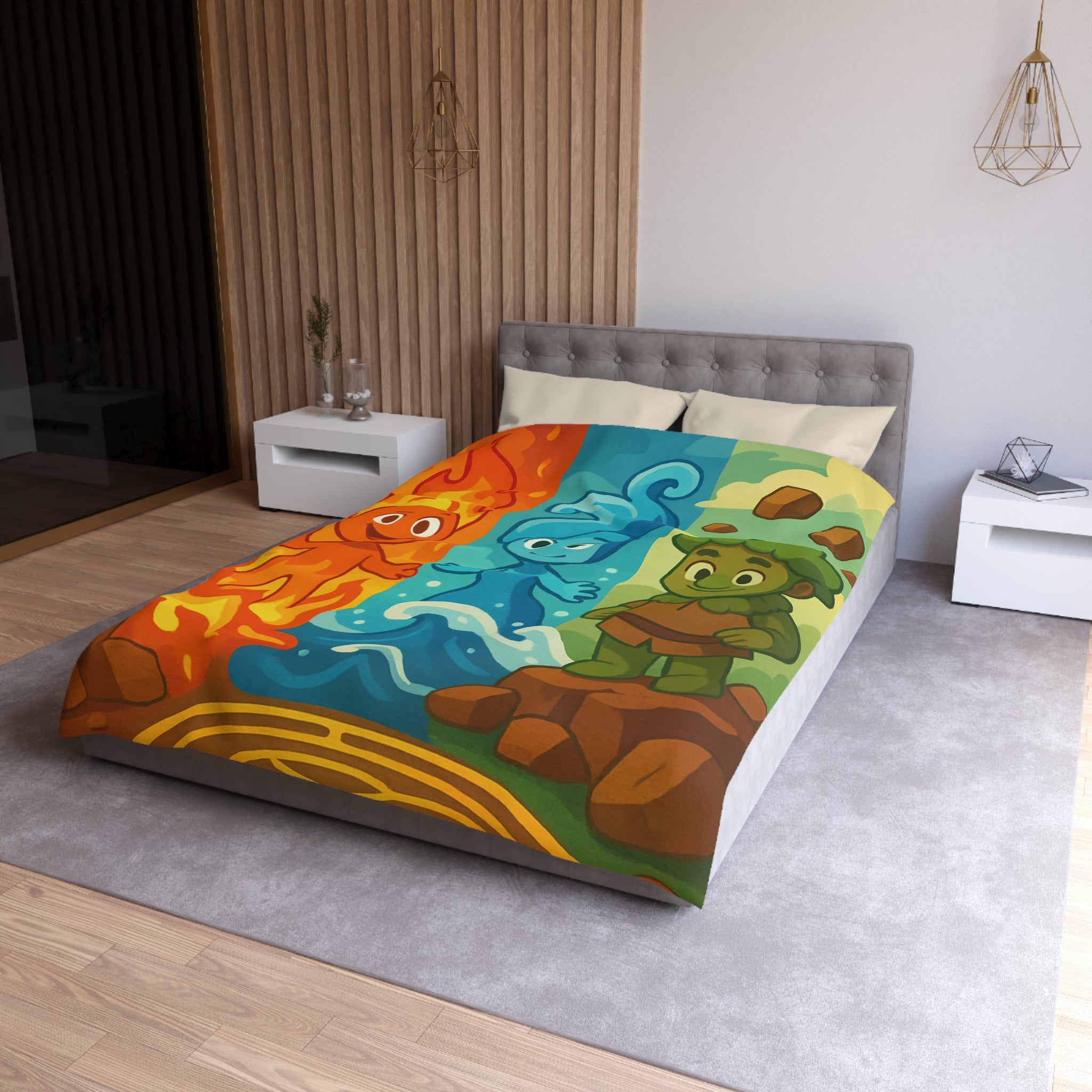 Trois Élémentaires Enfants Sympathiques : Feu, Eau, Terre dans un Décor Coloré Illustré