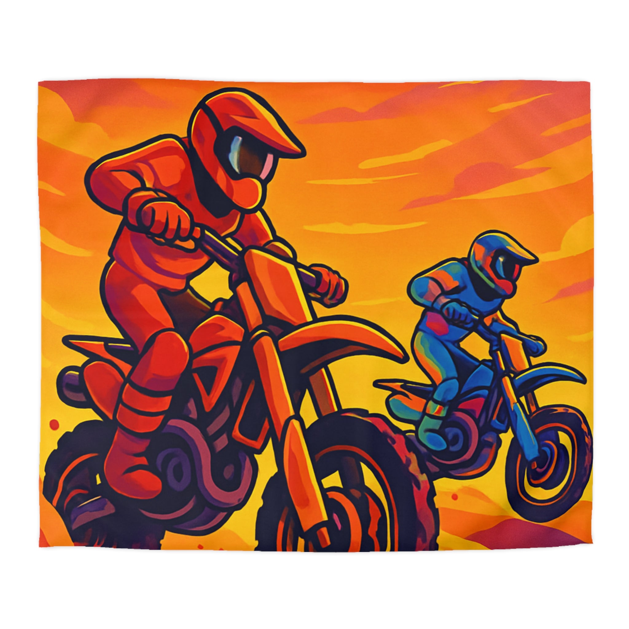 Housse de couette moto aventure: dynamique, couleurs vives, coucher de soleil dramatique