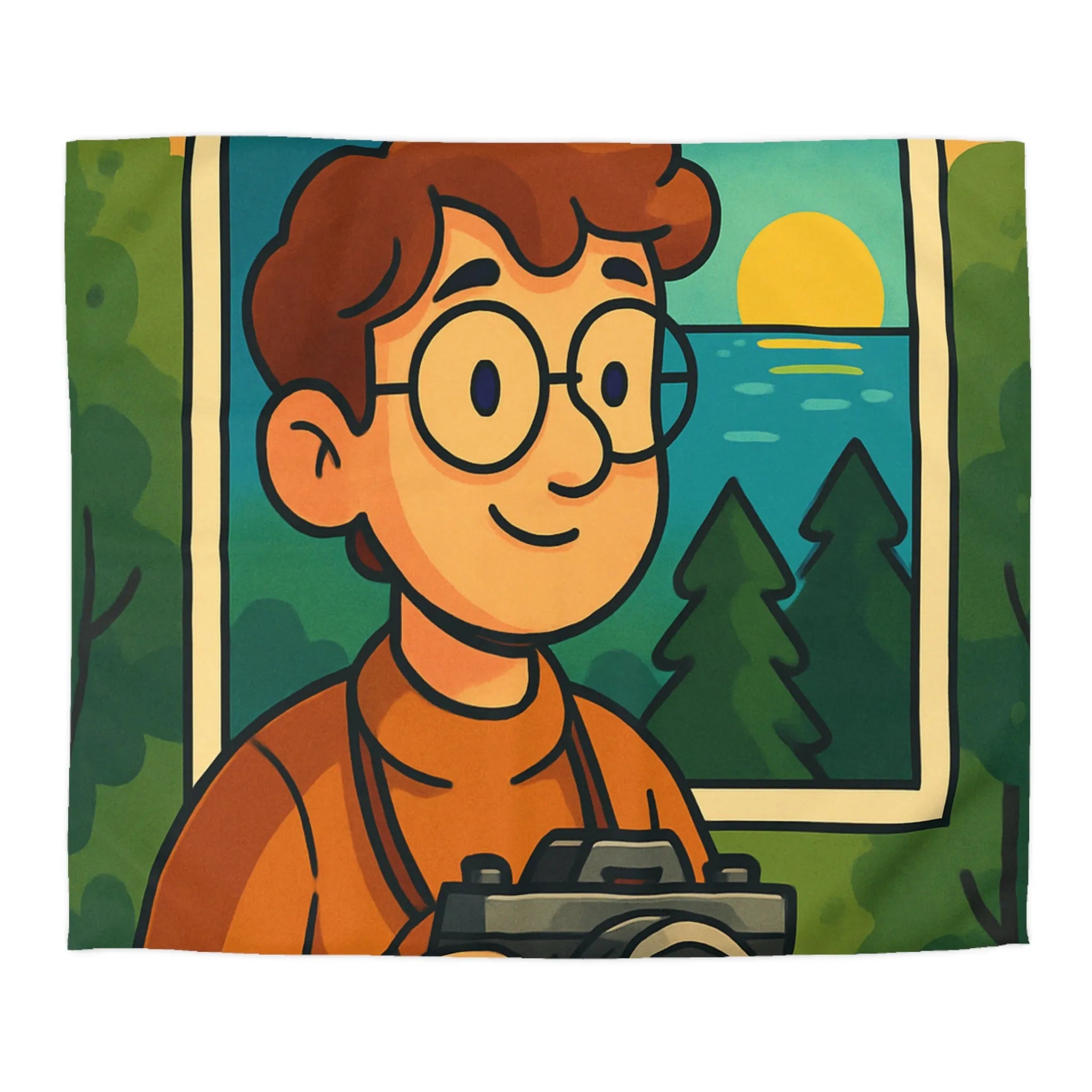 Housse de couette avec illustration vibrante de photographe et paysage montagneux coloré