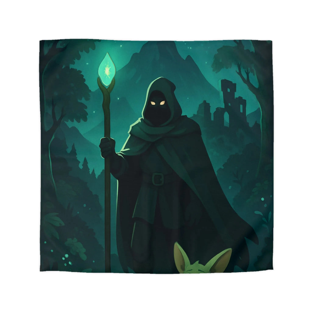 Housse de couette magique avec sorcier nocturne et créature enchantée sous lune étoilée