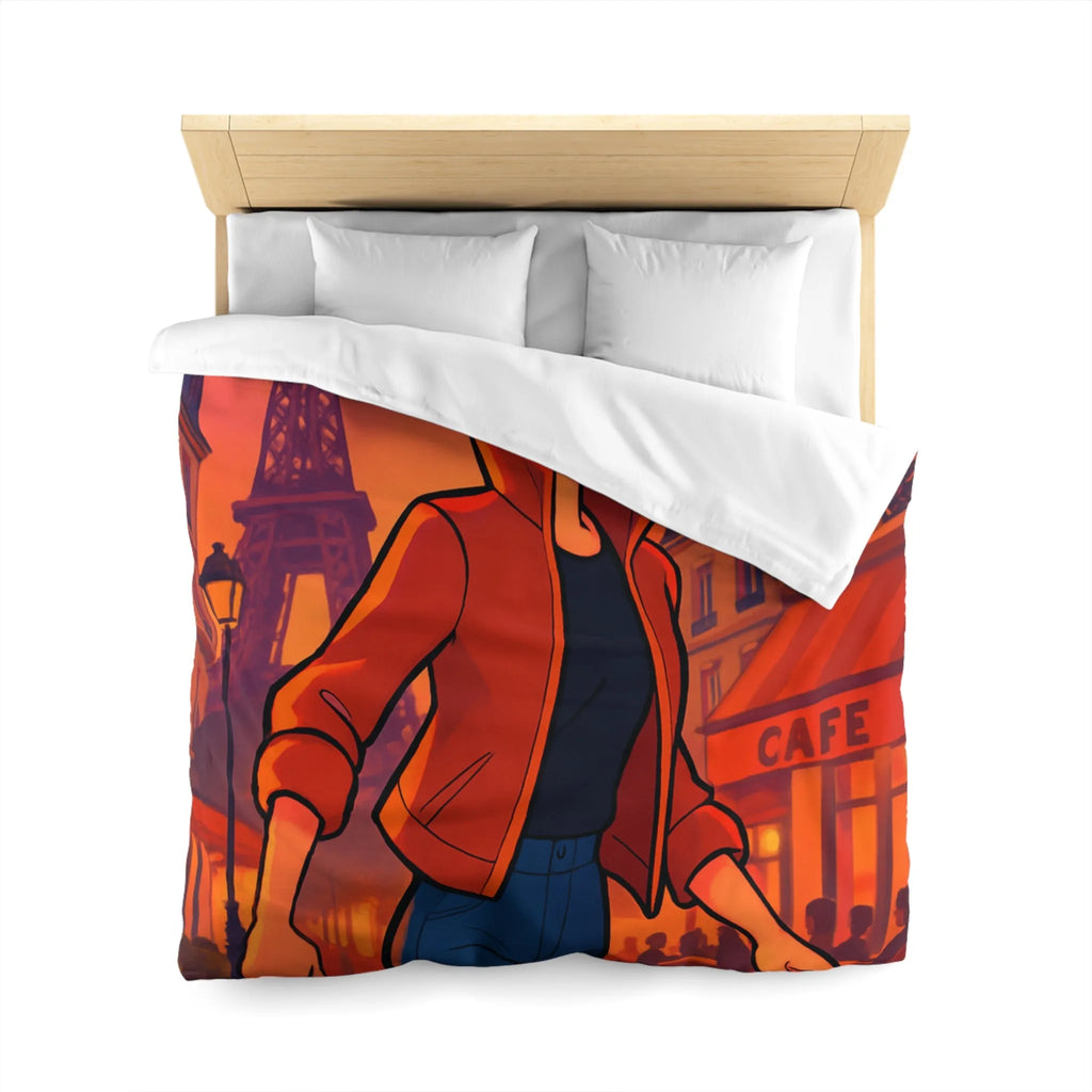 Housse de couette colorée avec illustration parisienne animée d'une silhouette joyeuse