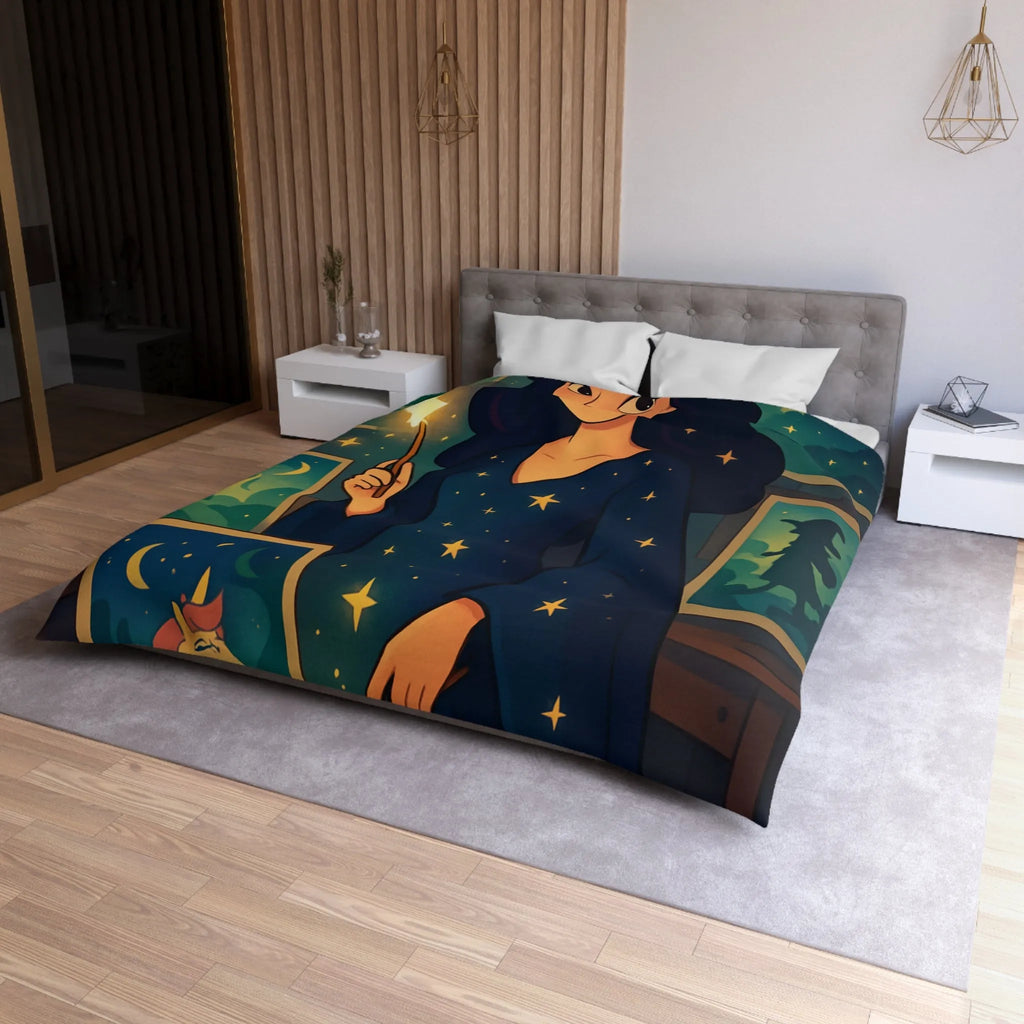 Housse de couette magique avec motif étoilé et créatures fantastiques pour chambre féérique