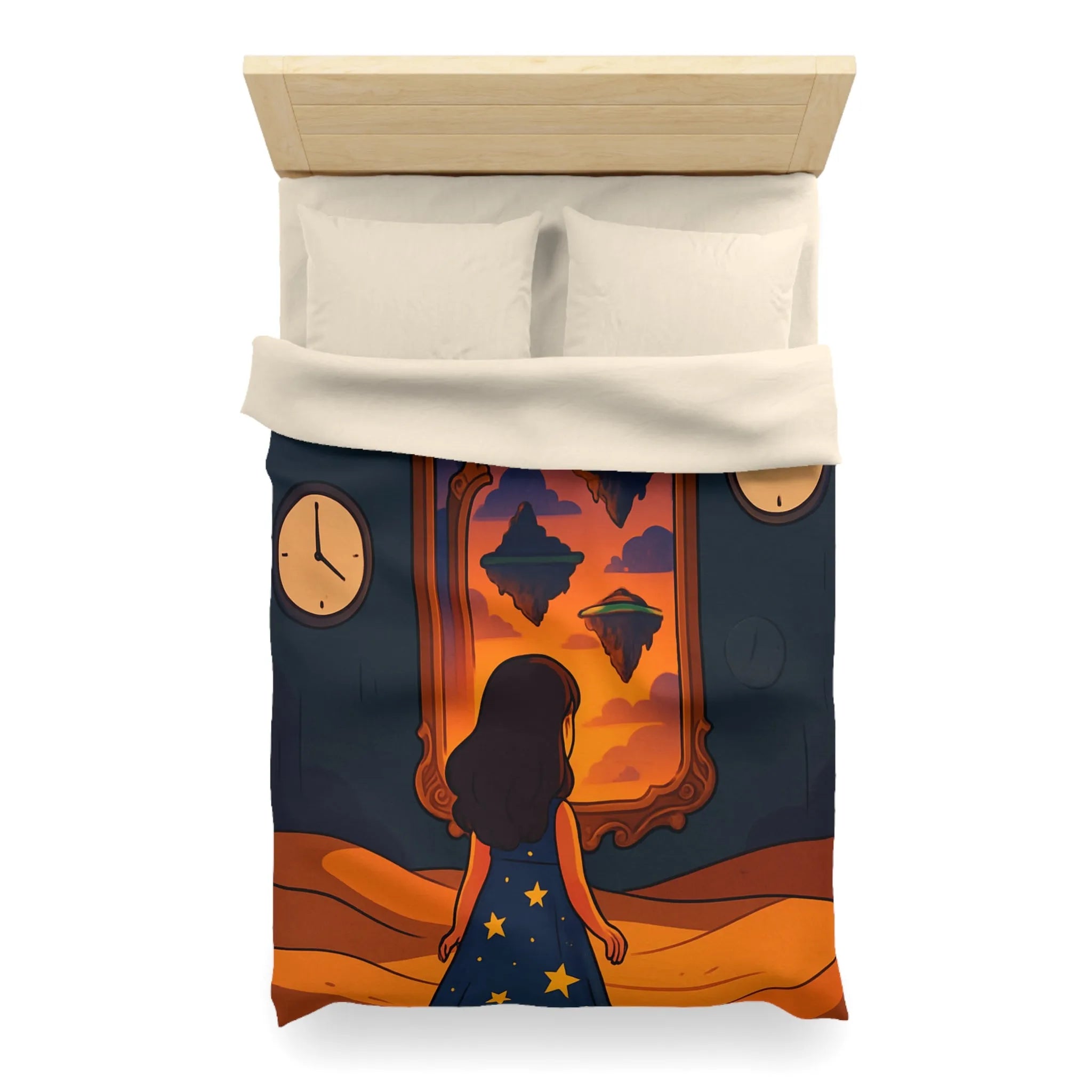 Housse de couette magique: paysage flottant, horloges rêveuses et fille contemplative