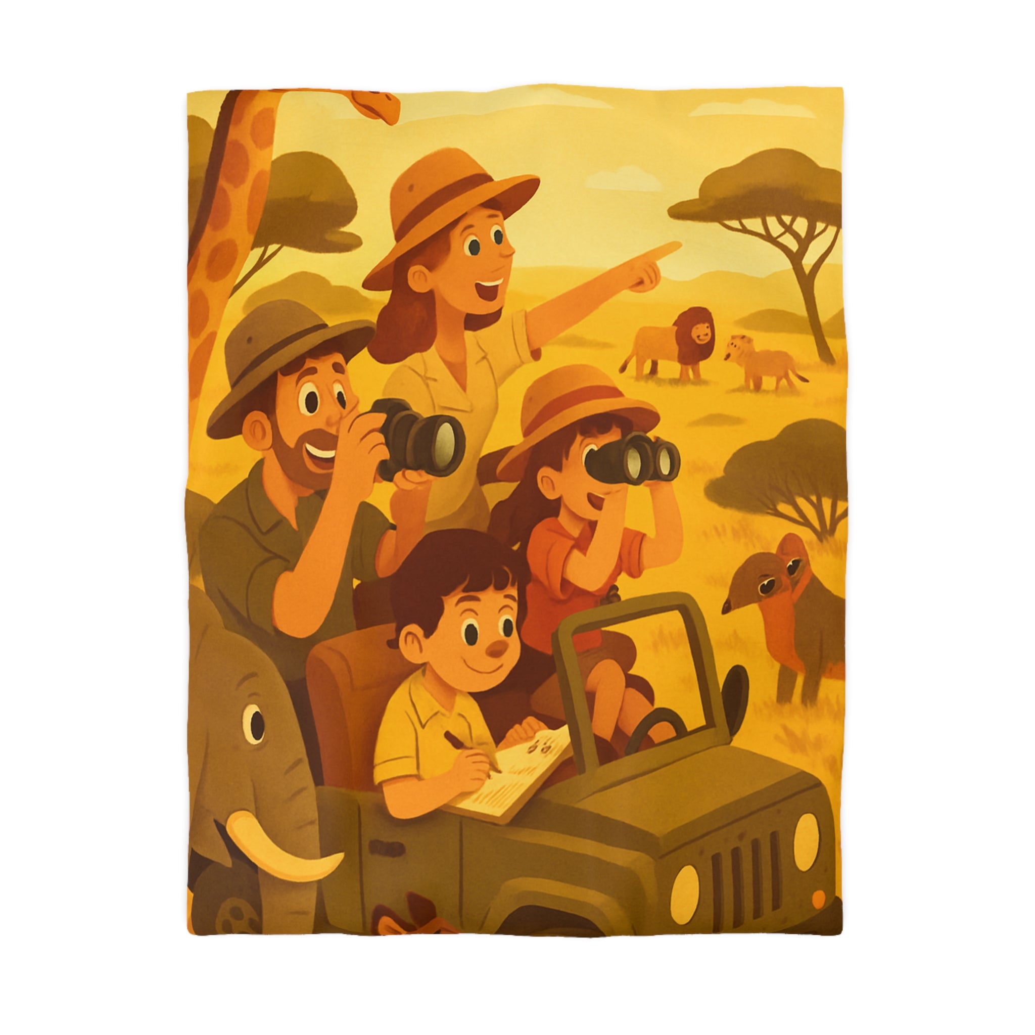 Housse de couette safari animalier avec paysage savane et jeep familiale amusante