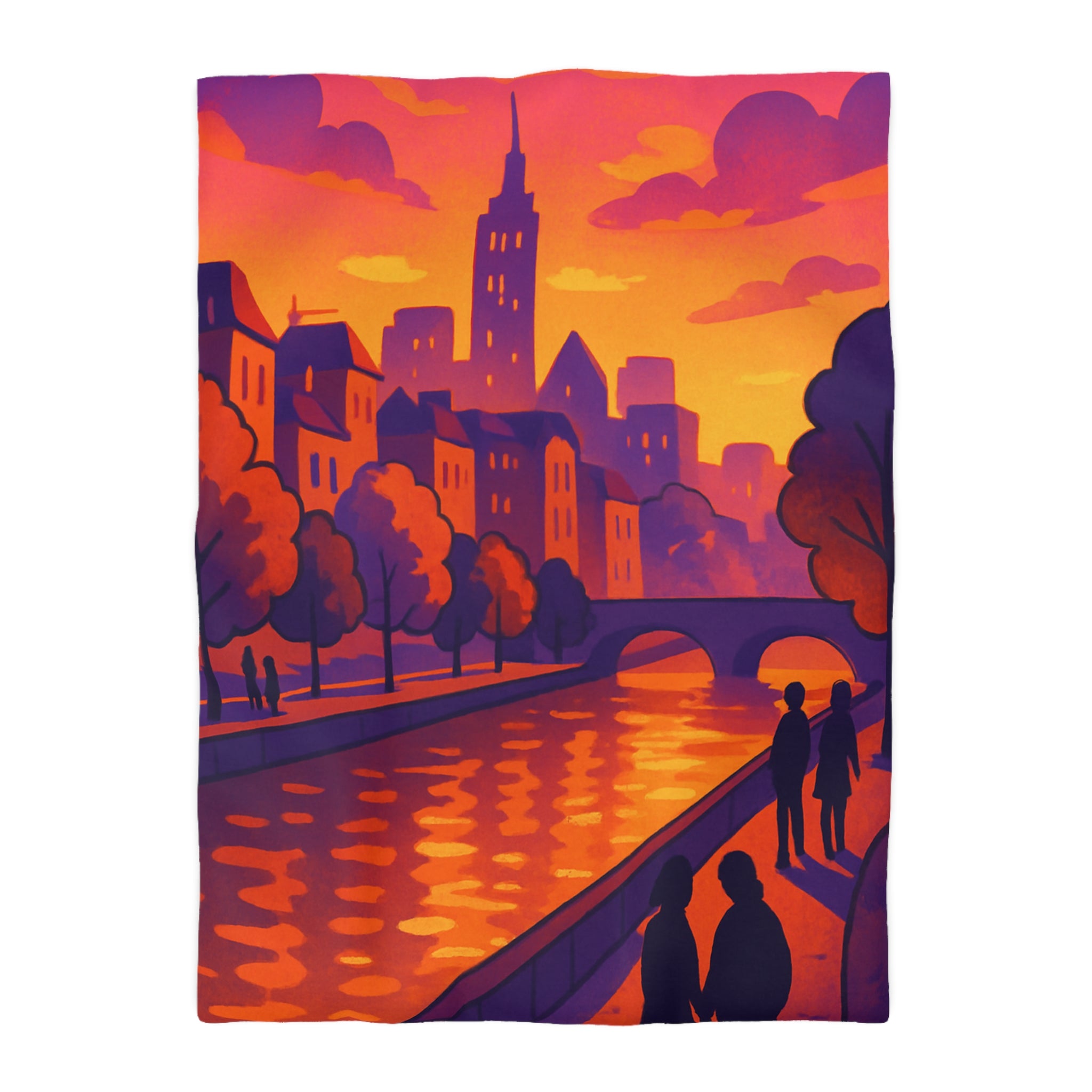 Vibrant paysage urbain crépusculaire avec silhouettes et rivière pour housse de couette