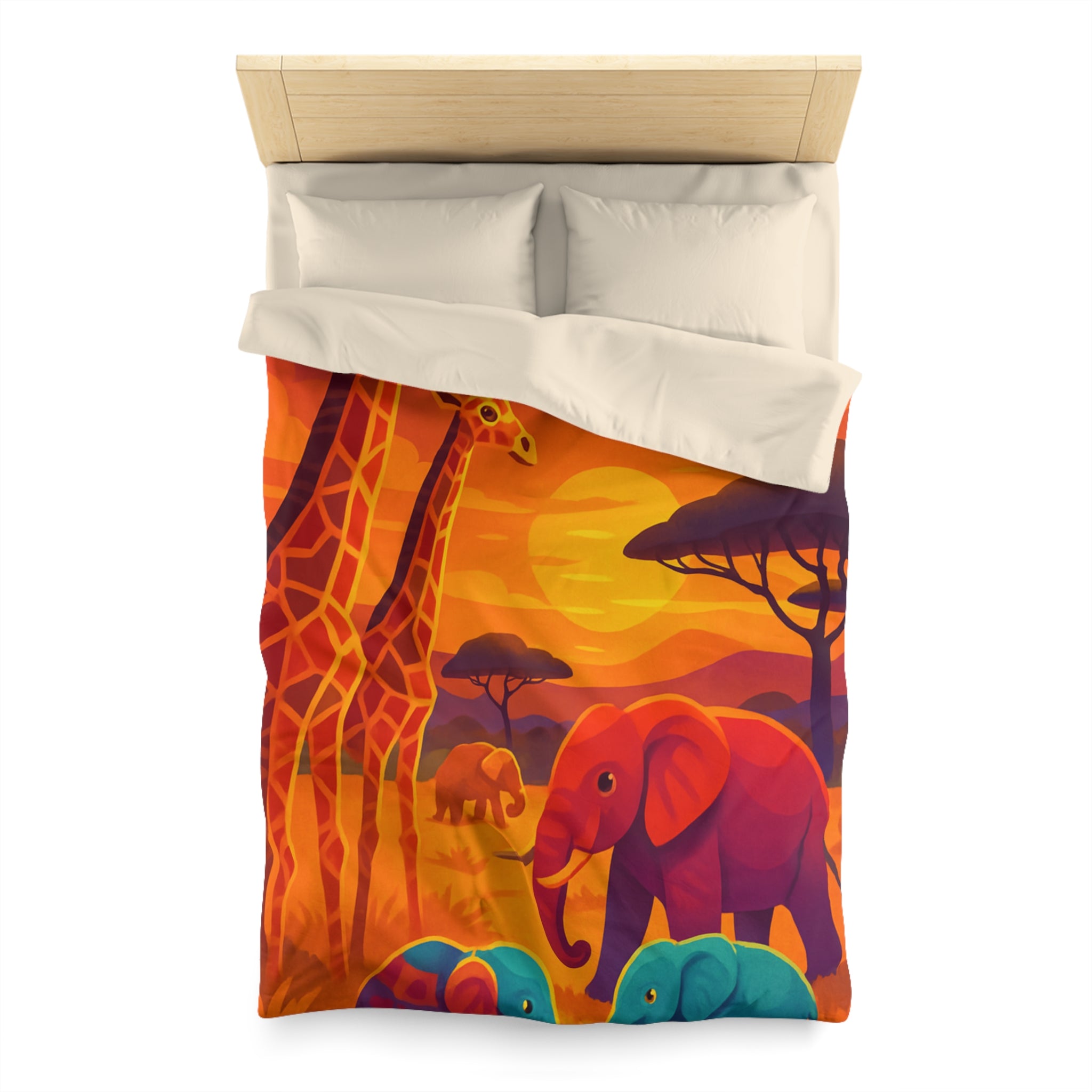 Housse de couette savane colorée avec éléphants et girafes sous coucher de soleil