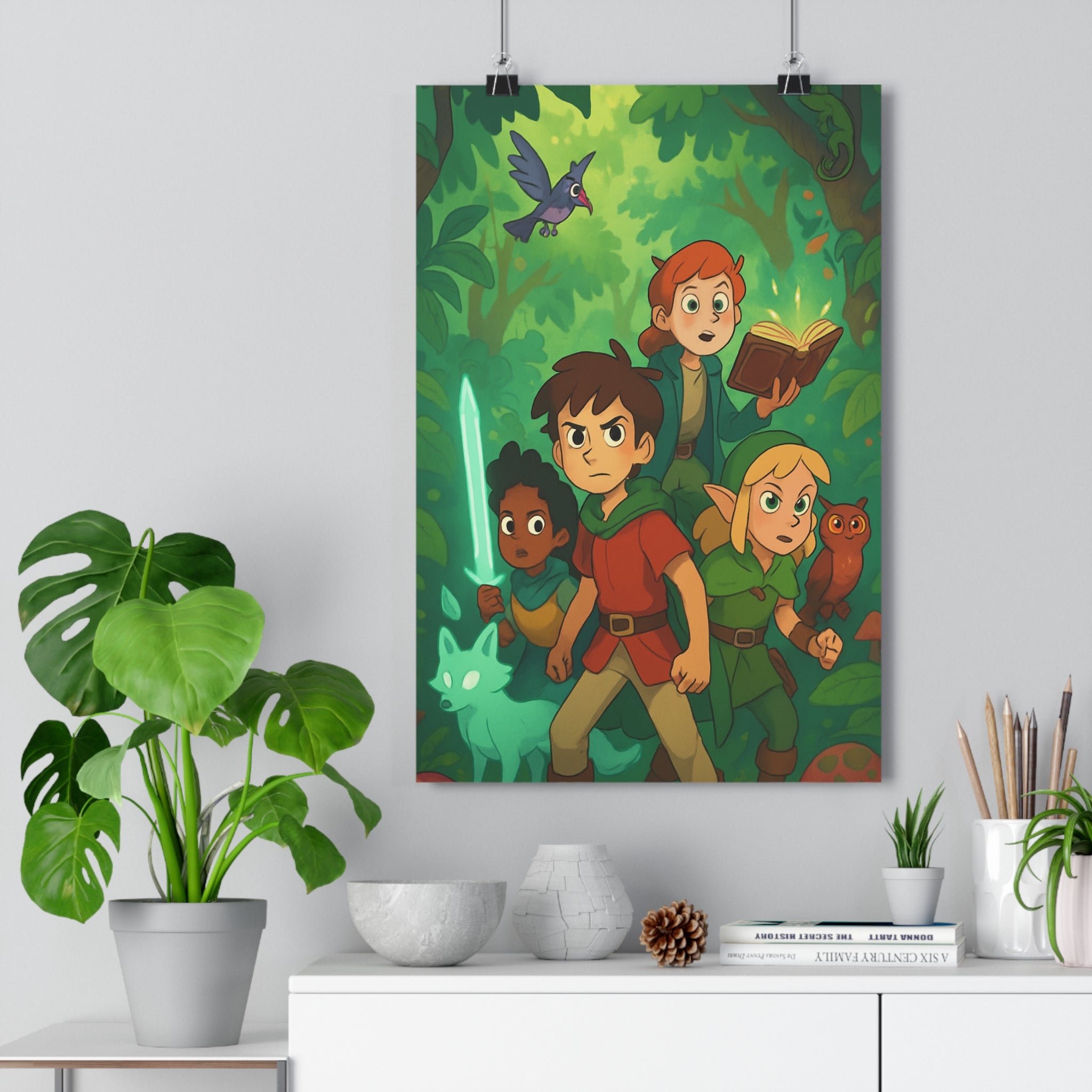 Poster décoratif mystique aventure forêt rouge lumineux épée féerique chambre art mural moderne enfants