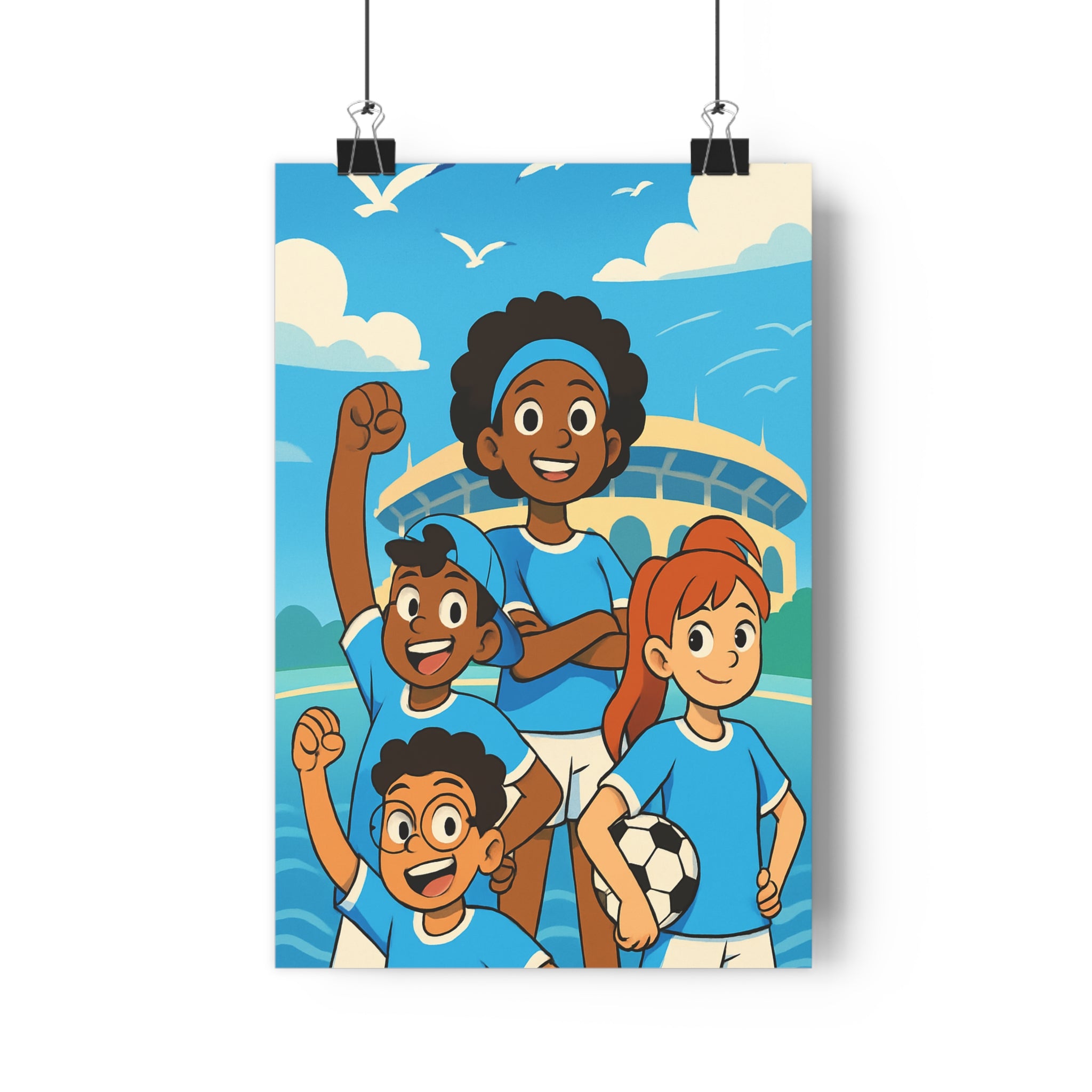 Poster décoratif dessin animé bleu vif joyeux enfant chambre ambiance colorée dynamique sport olympique