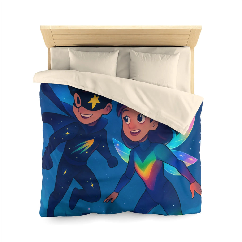 Housse de couette enfant illustrant super-héros lumineux volant au-dessus d’une ville étoilée