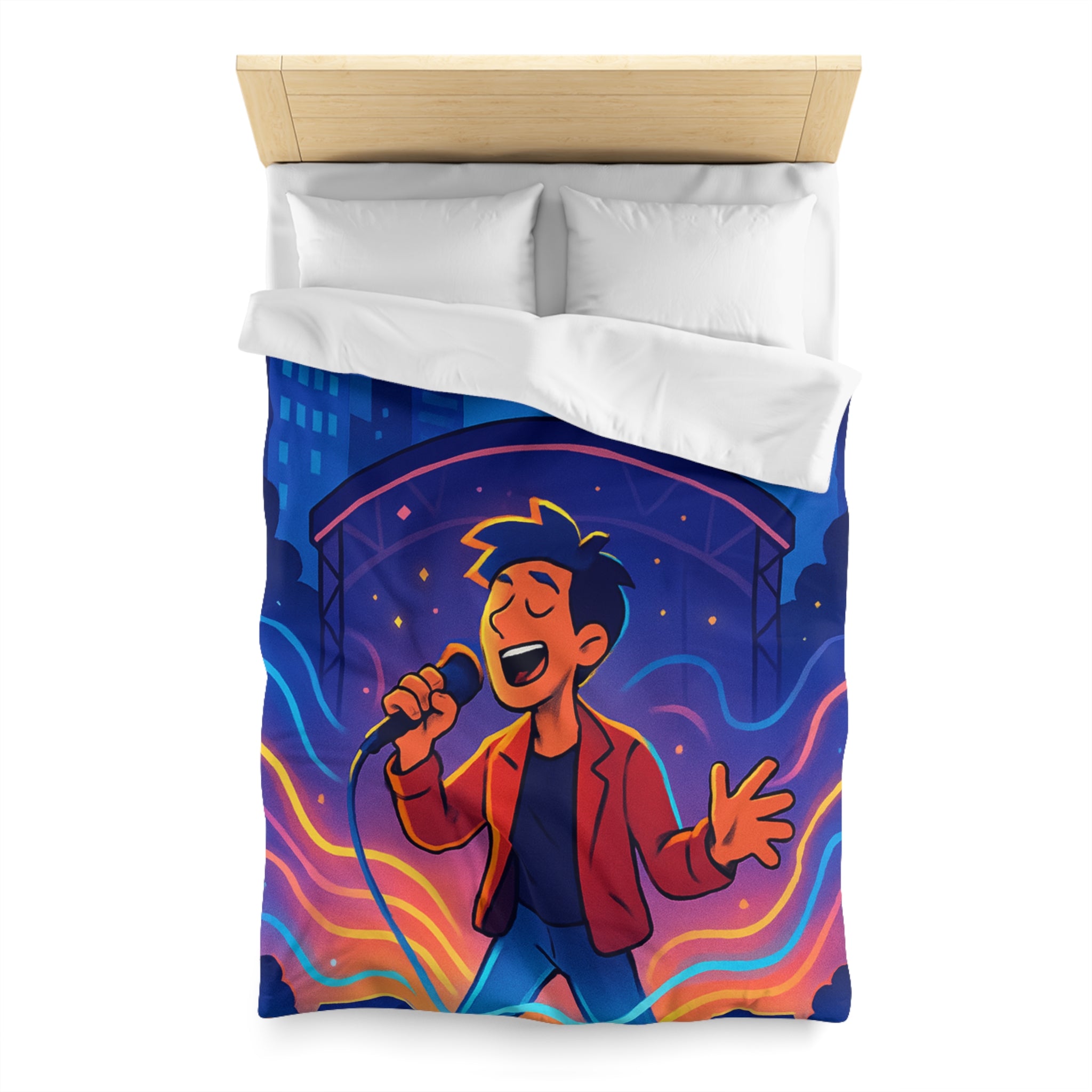 Housse de couette scène vibrante de concert nocturne avec chanteur et couleurs éclatantes