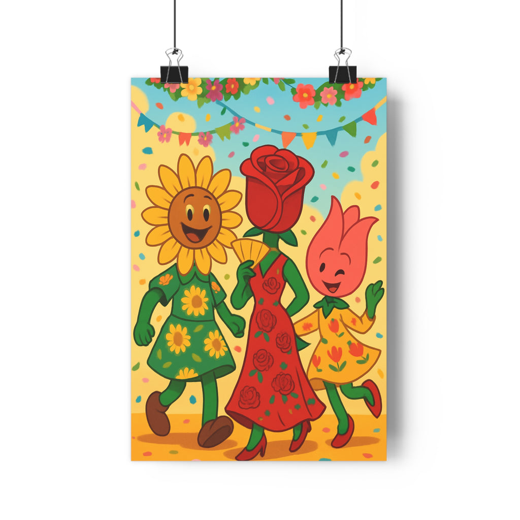 Poster décoratif cartoon vibrant joyeux fleurs tournesol rose tulipe jaune rouge vert salon chambre