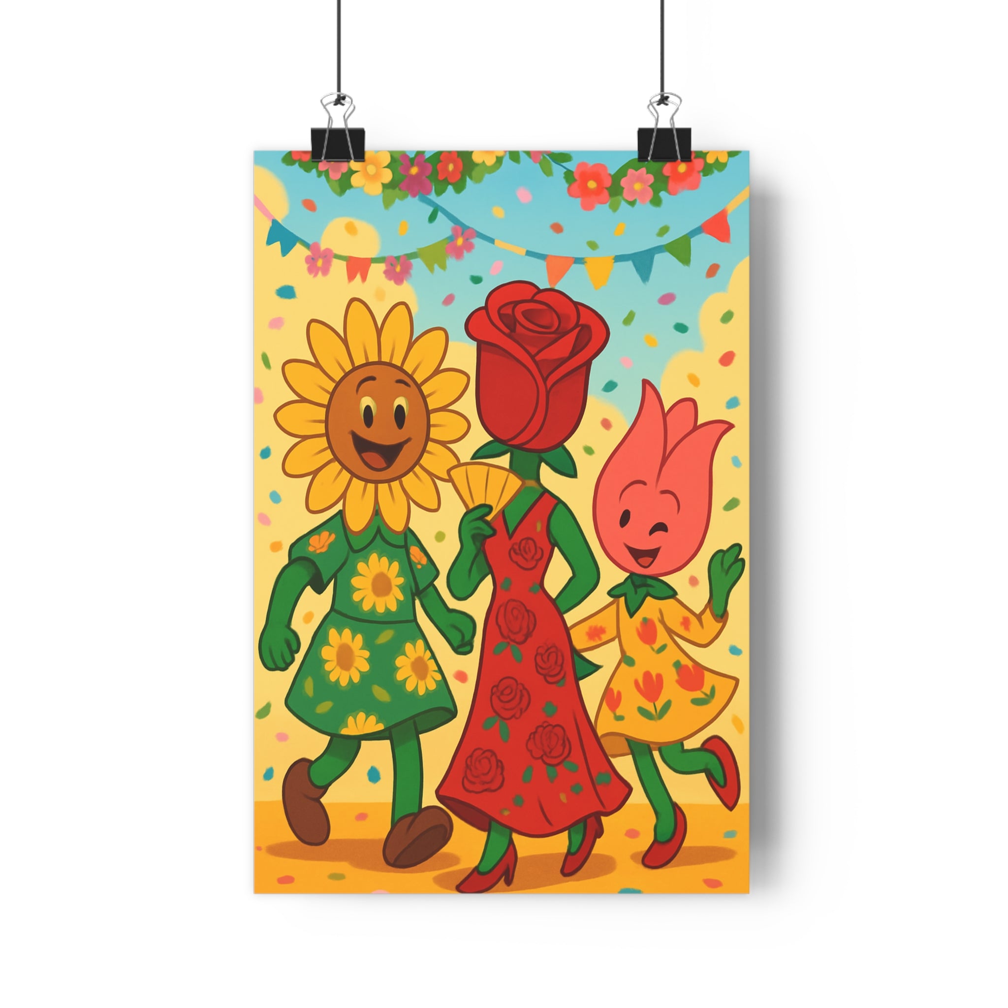 Poster décoratif cartoon vibrant joyeux fleurs tournesol rose tulipe jaune rouge vert salon chambre