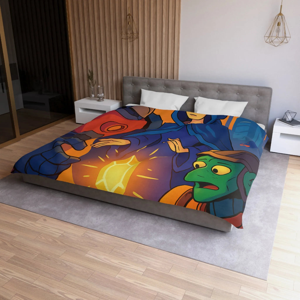 Housse de couette colorée avec illustration futuriste d'artefact mystérieux et personnages intrigants