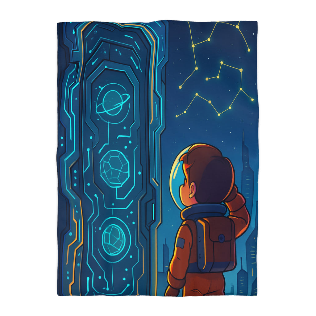 Spacieux design illustrant astronaute devant porte futuriste et constellations étoilées