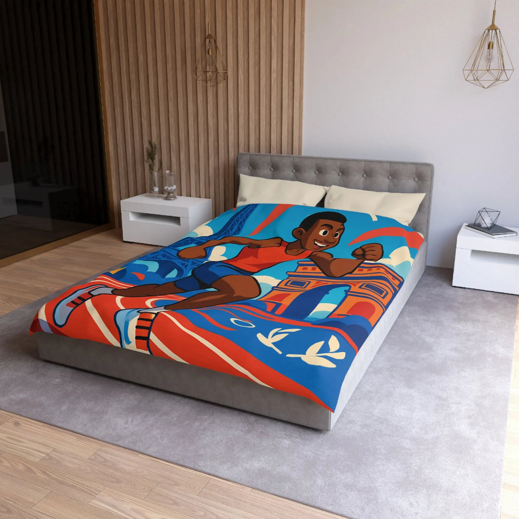 Couverture de lit sportive avec athlète vibrant et monuments emblématiques pour chambre dynamique