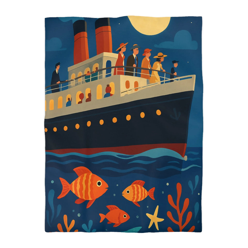 Housse de couette bateau rétro, poissons colorés, ambiance marine, nuit étoilée