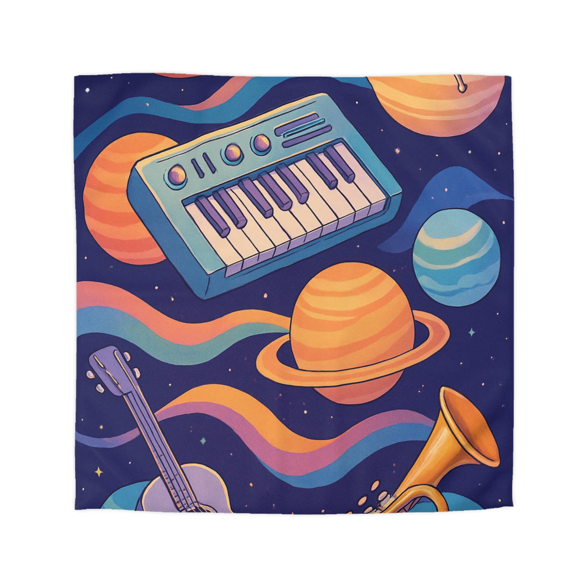 Housse de couette musicale colorée avec espace et instruments dans un univers imaginaire