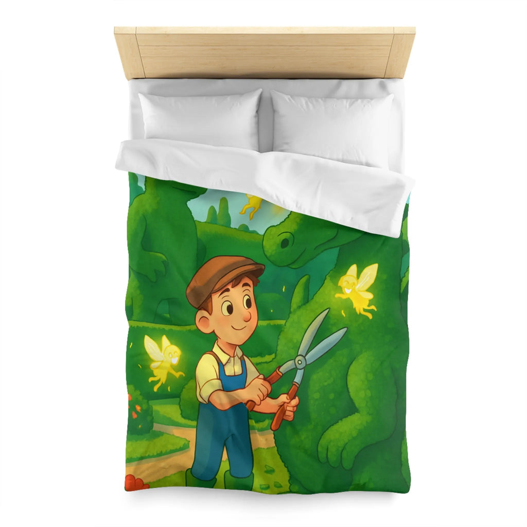 Housse de couette enfant dragon féérique avec jardin, verdure et ambiance magique naturelle