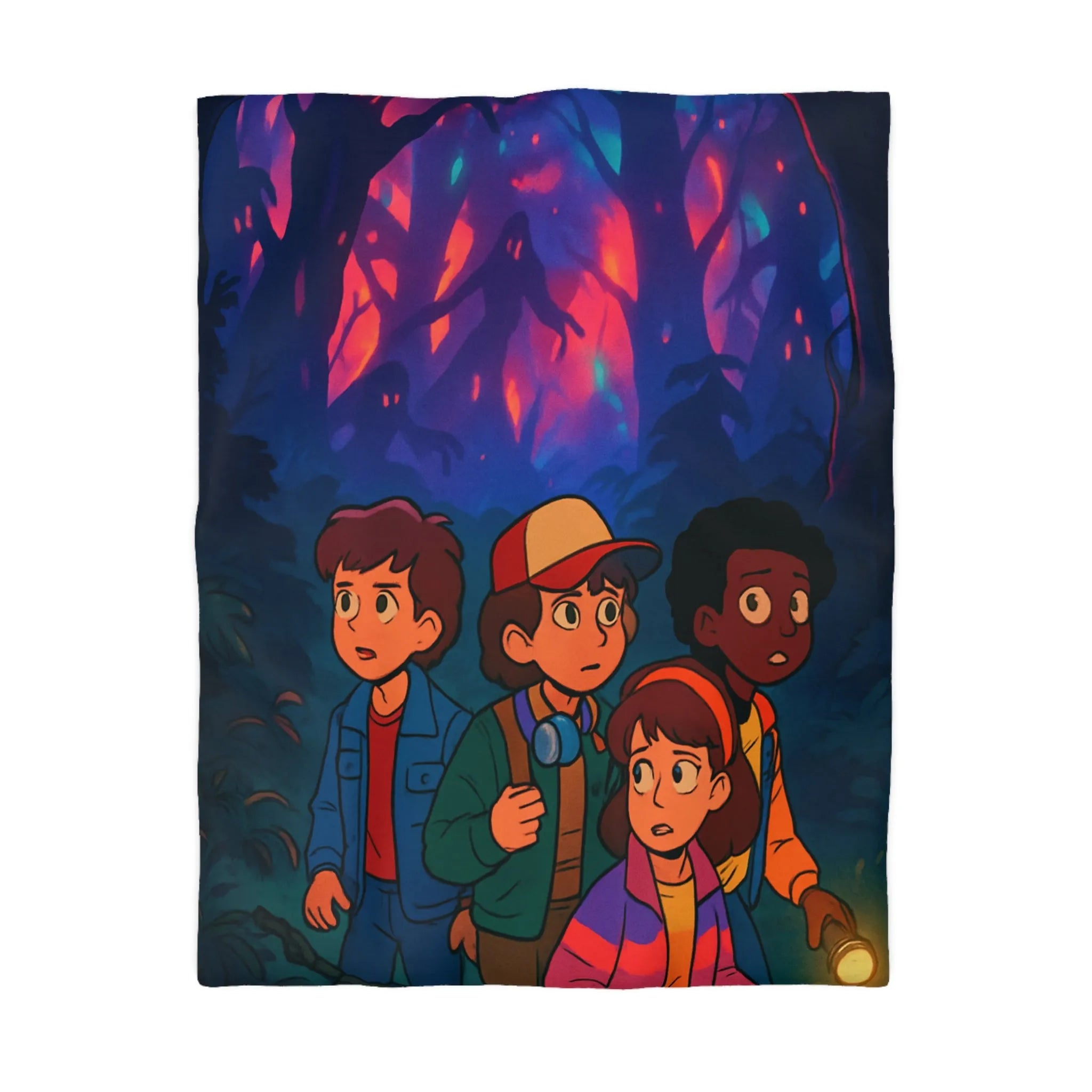 Housse de couette colorée avec enfants explorant une forêt mystérieuse sous ciel étoilé